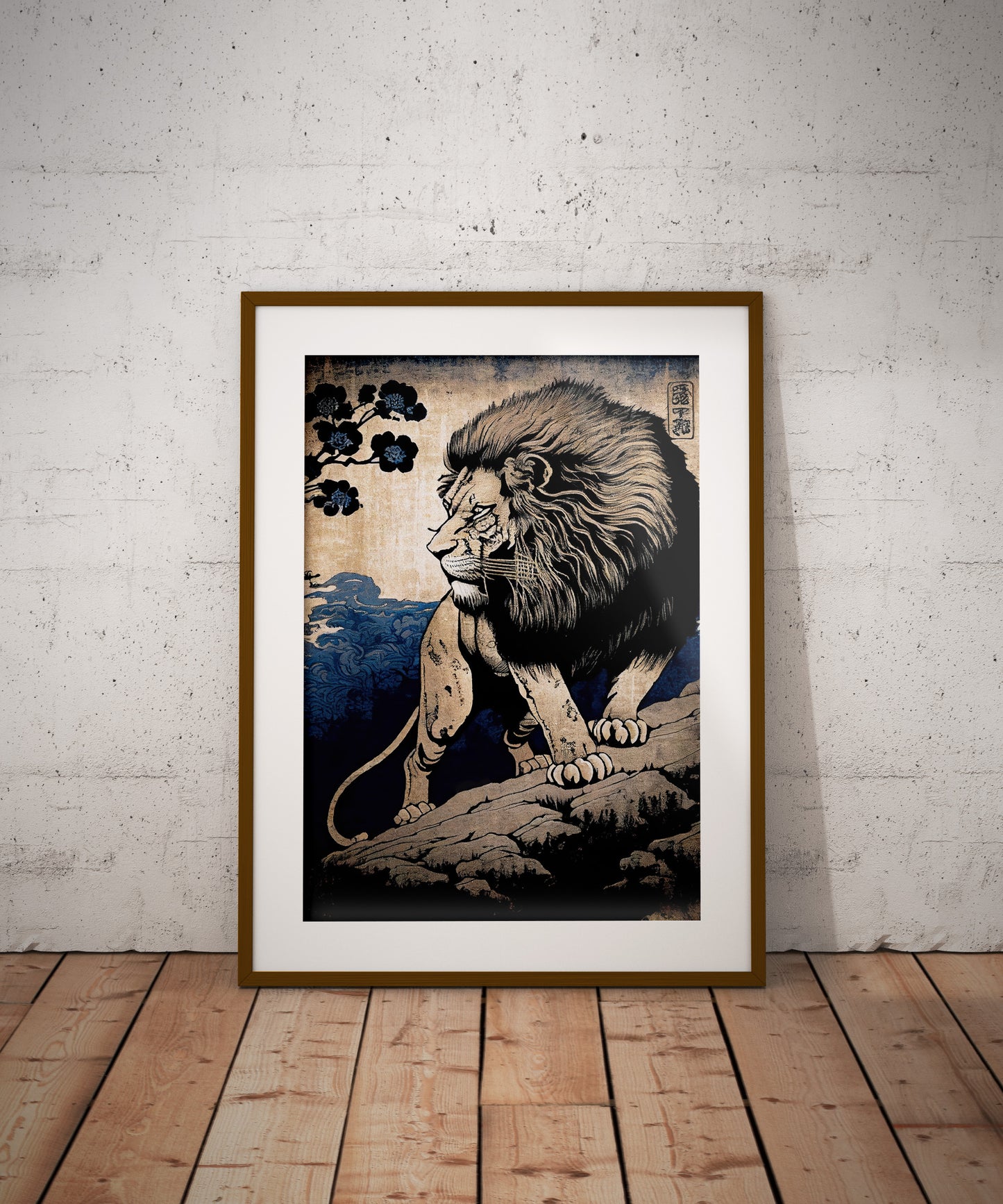 Affiche Lion Japonaise - Poster Style Ukiyo-e, Art Mural Illustration, Décoration Murale Japonaise
