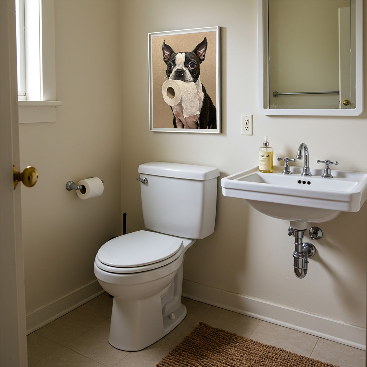 Poster Boston Terrier tenant un rouleau de papier toilette, encadré au-dessus des WC près du lavabo