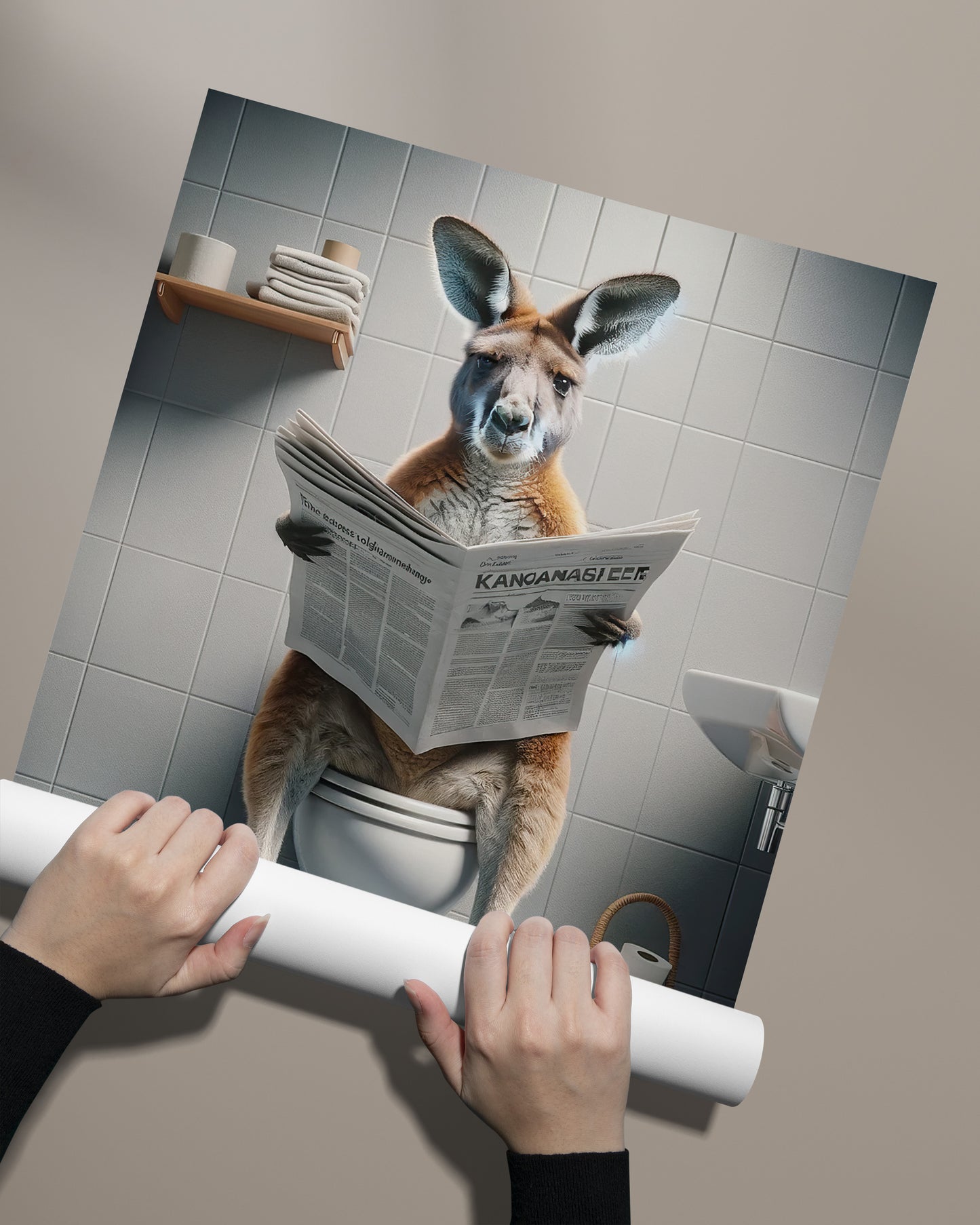 Poster of a kangaroo reading the paper on the toilet, unrolled by hand