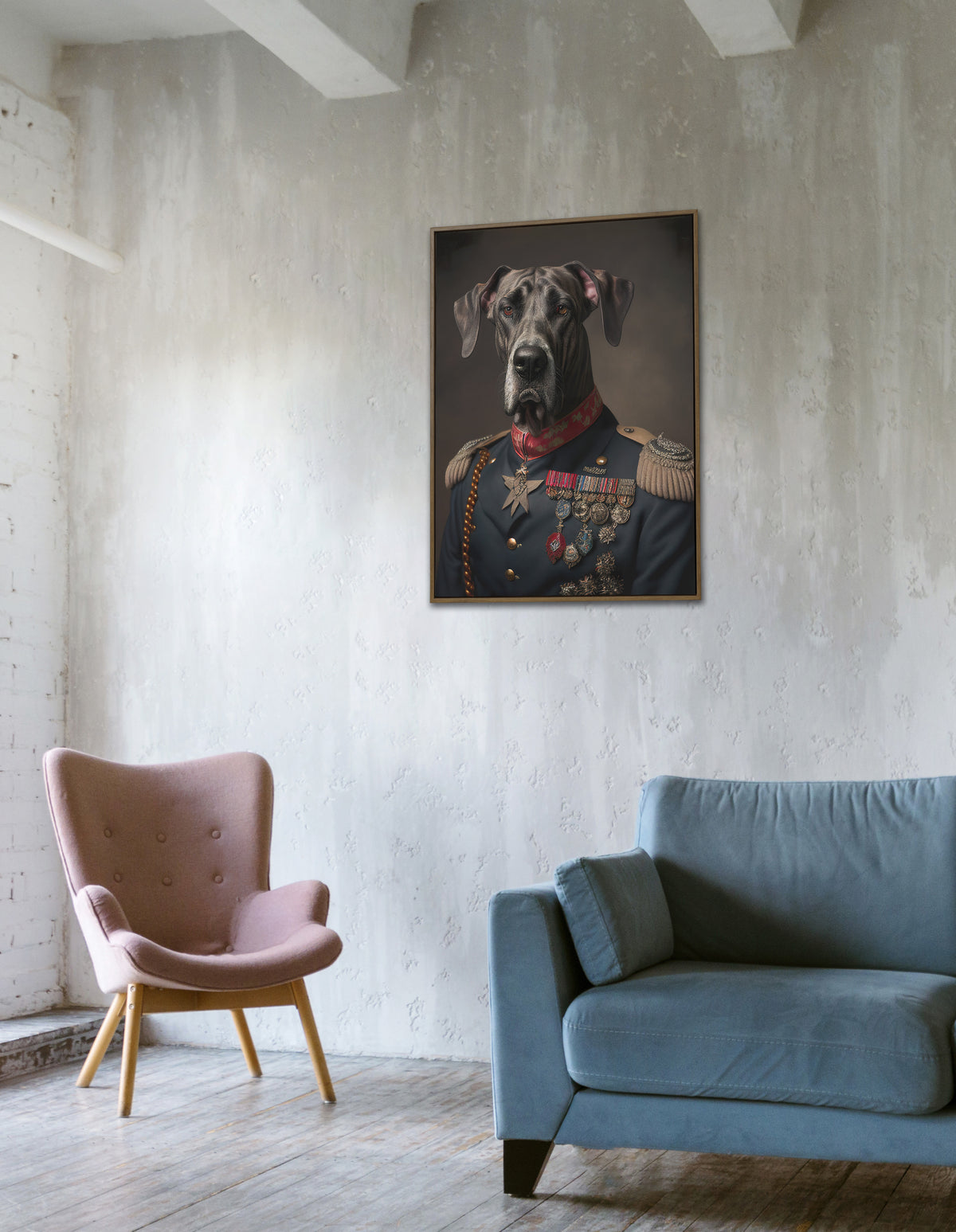 Great Dane in military uniform poster on a whitewashed wall above a pink armchair and a blue sofa