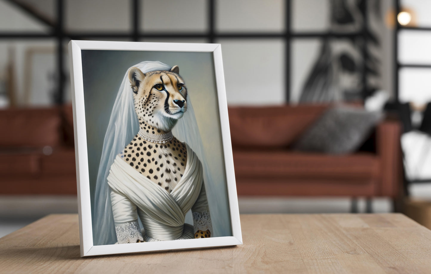 Cheetah in wedding dress poster in a white frame on a wooden table, blurred living room behind