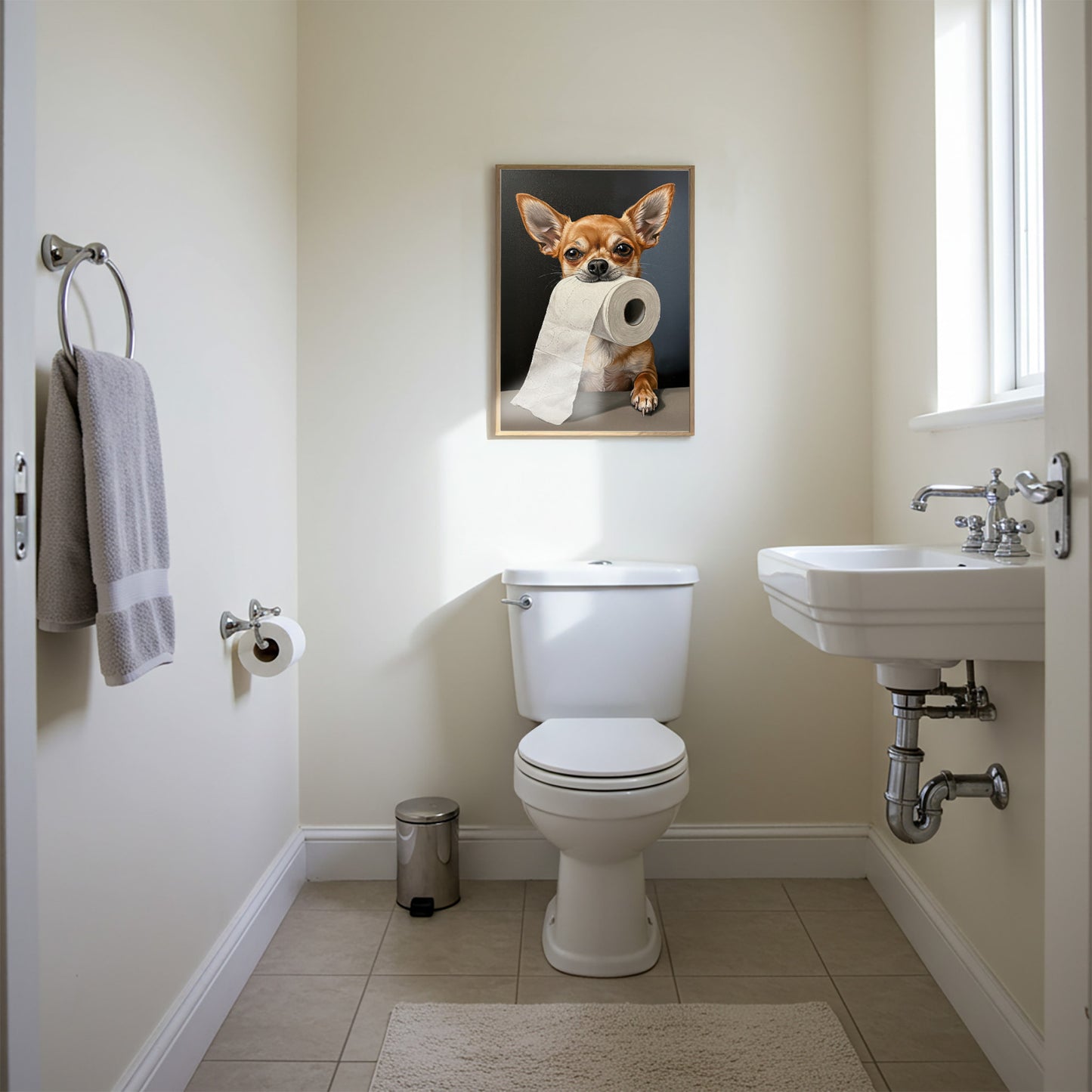 Chihuahua Bathroom Humor Poster – Funny Dog Wall Art, WC Decor, Unique Gift for Dog Lovers, Framed or Unframed Prints