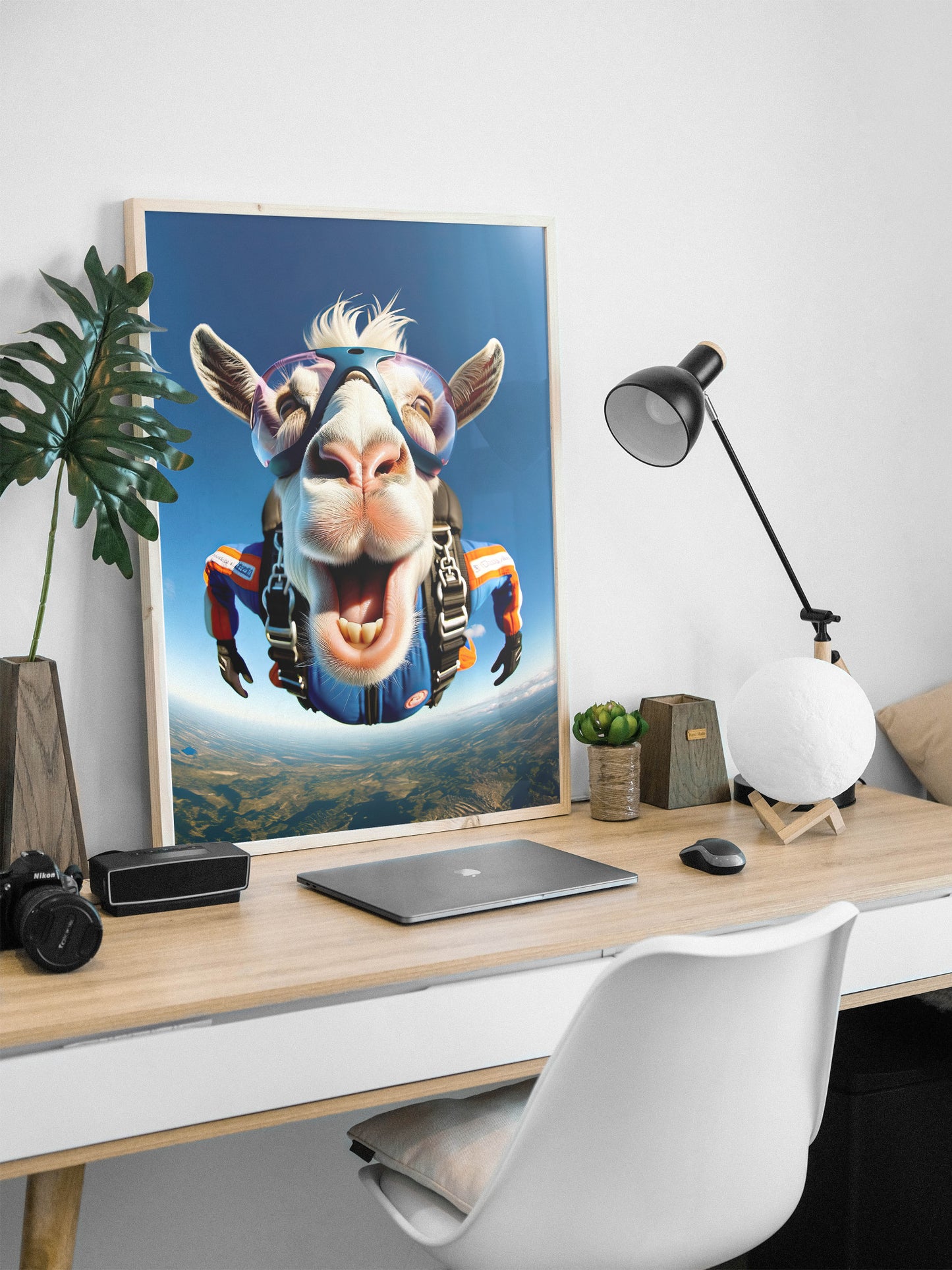 Skydiving goat poster, natural wood frame on a white desk with an architect lamp and plant