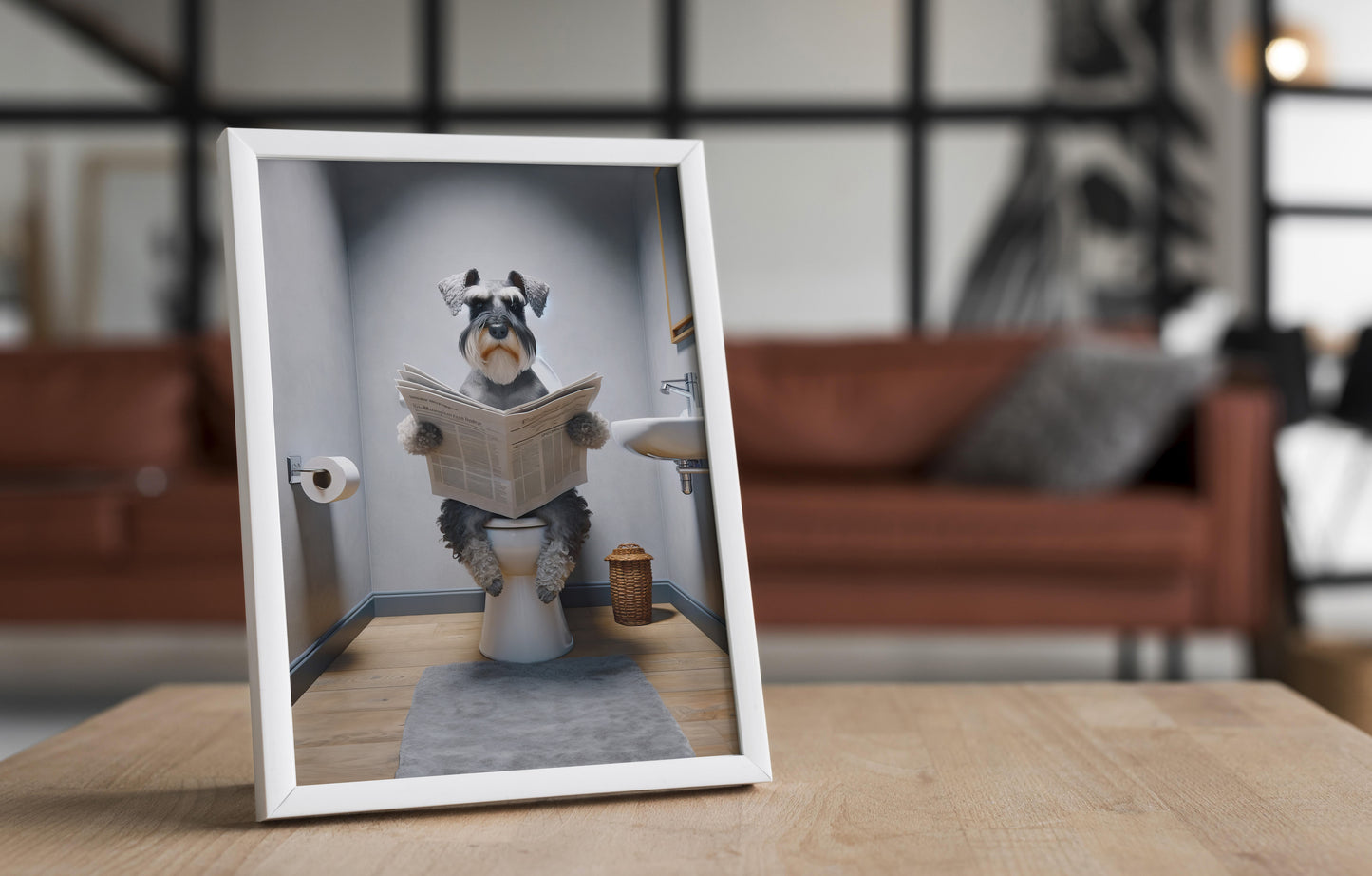Poster Humoristique: Schnauzer Lisant le Journal sur les Toilettes, Décoration WC, Déco Salle de Bain, Cadeau Amusant