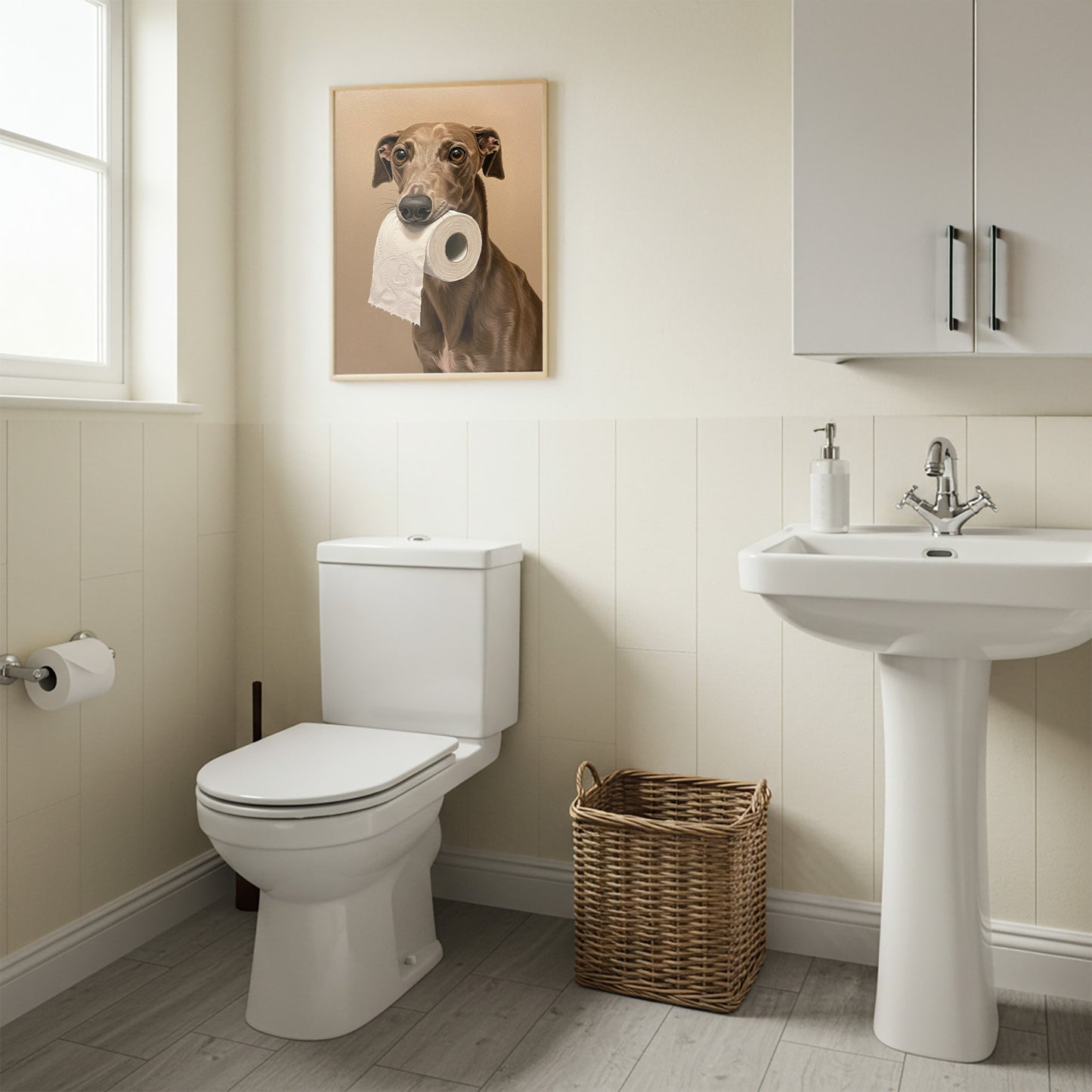 Poster lévrier au papier toilette en cadre bois clair, toilettes crème et panier en osier