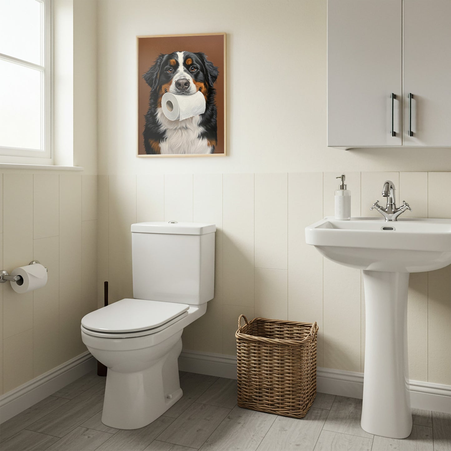Poster Bouvier bernois en cadre bois clair au-dessus des WC, panier en osier et lavabo sur colonne