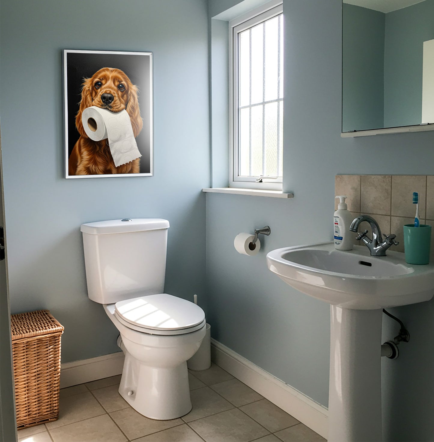 Poster Cocker anglais au papier toilette encadré sur un mur bleu, près d'une fenêtre