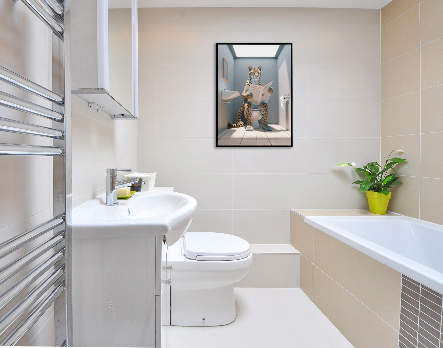 Ocelot on the toilet poster in a black frame in a bright bathroom with a bathtub and green plant