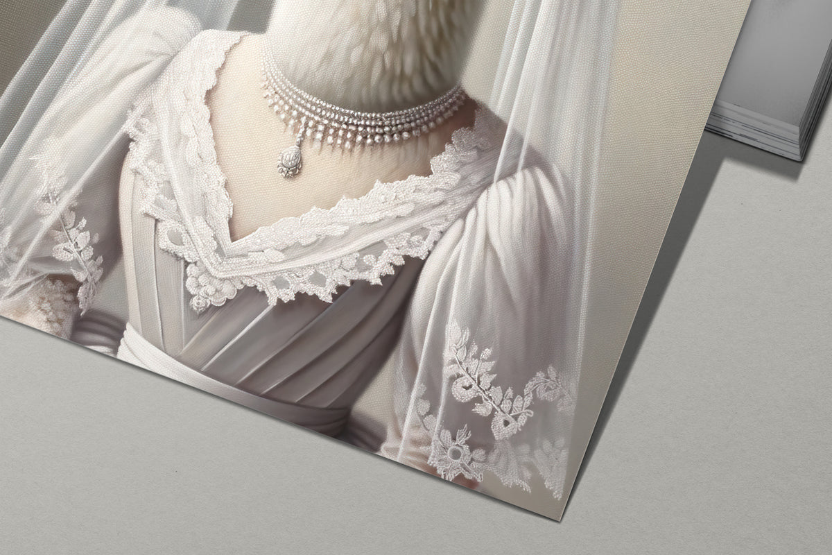 Détail de l'affiche alpaga en robe de mariée : col de dentelle, collier de perles et voile brodé
