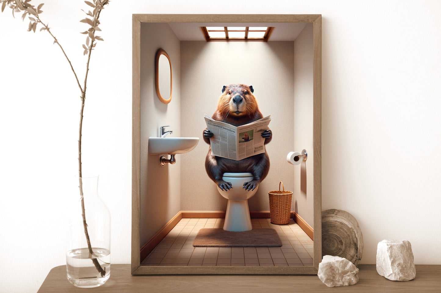 Poster Humour : Castor Lisant le Journal aux Toilettes, Décoration Salle de Bain, Cadeau Amusant, Art Mural WC