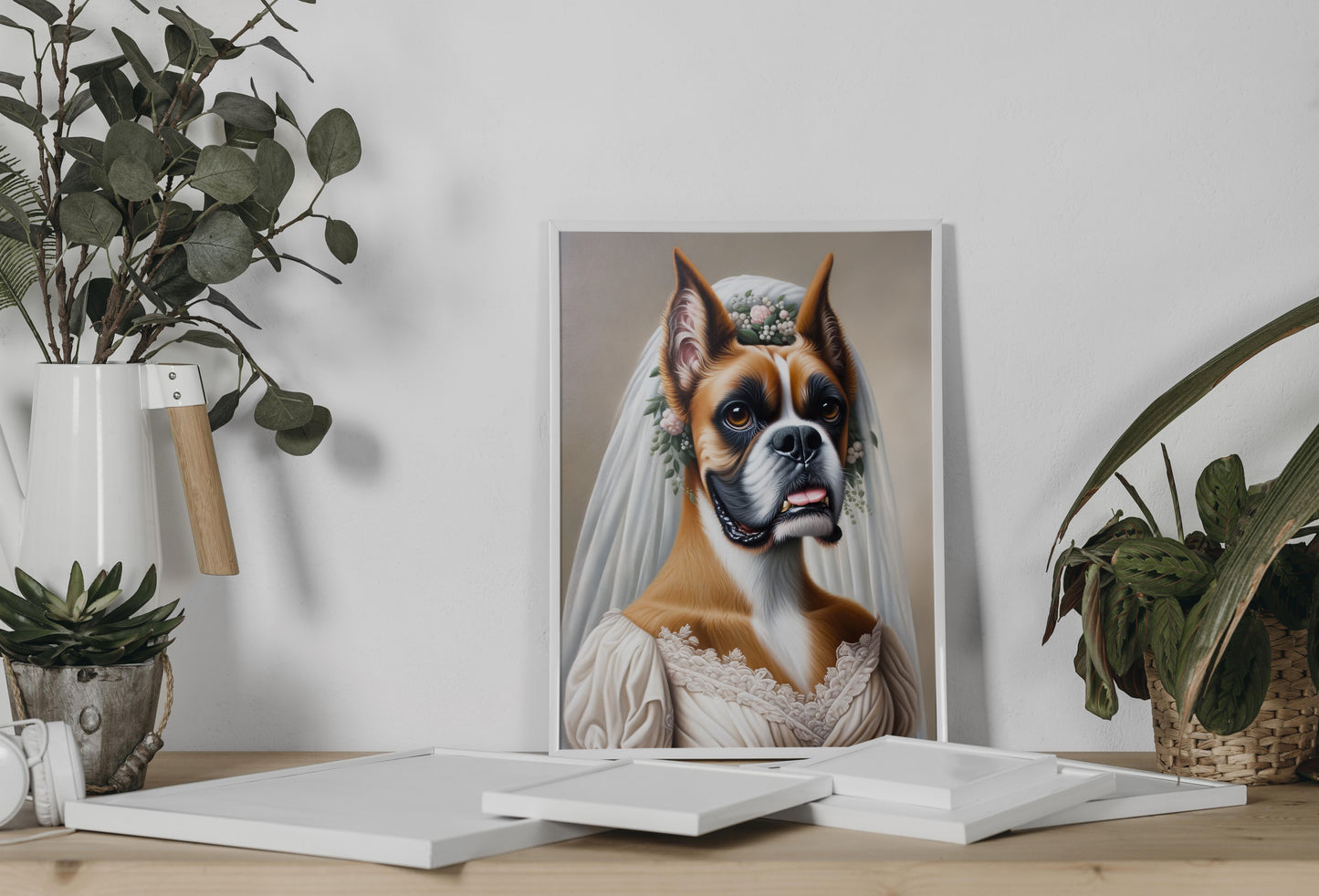 Poster boxer en robe de mariée appuyé au mur sur une console, entre eucalyptus et plante en pot