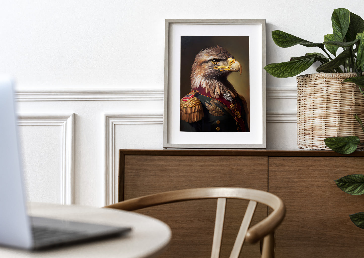 Poster aigle en uniforme, cadre bois clair et passe-partout, posé sur un buffet en bois