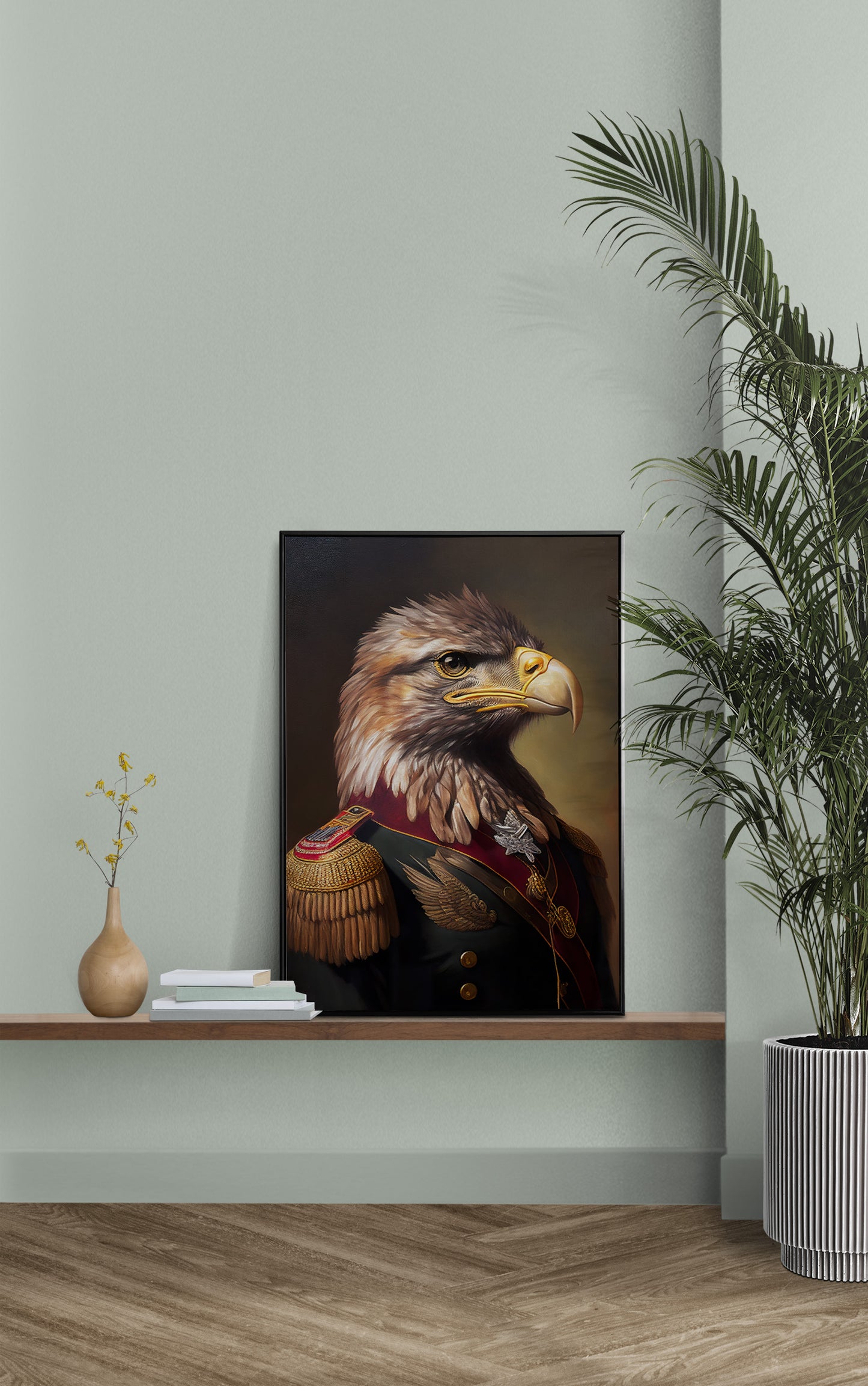 Poster aigle en uniforme militaire sur une étagère murale, mur vert sauge et palmier en pot