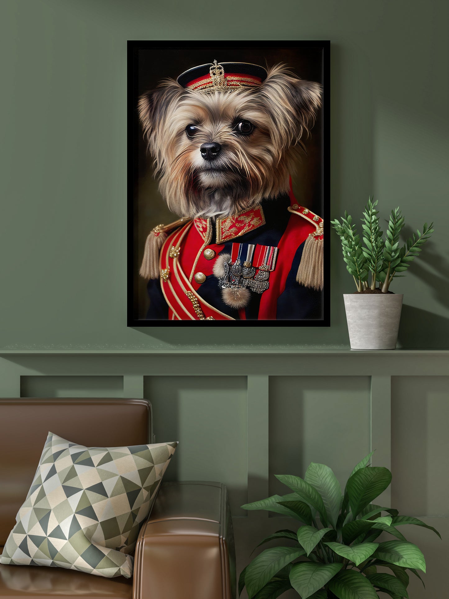 Affiche yorkshire en uniforme, cadre noir, sur un mur vert olive au-dessus d'un canapé en cuir
