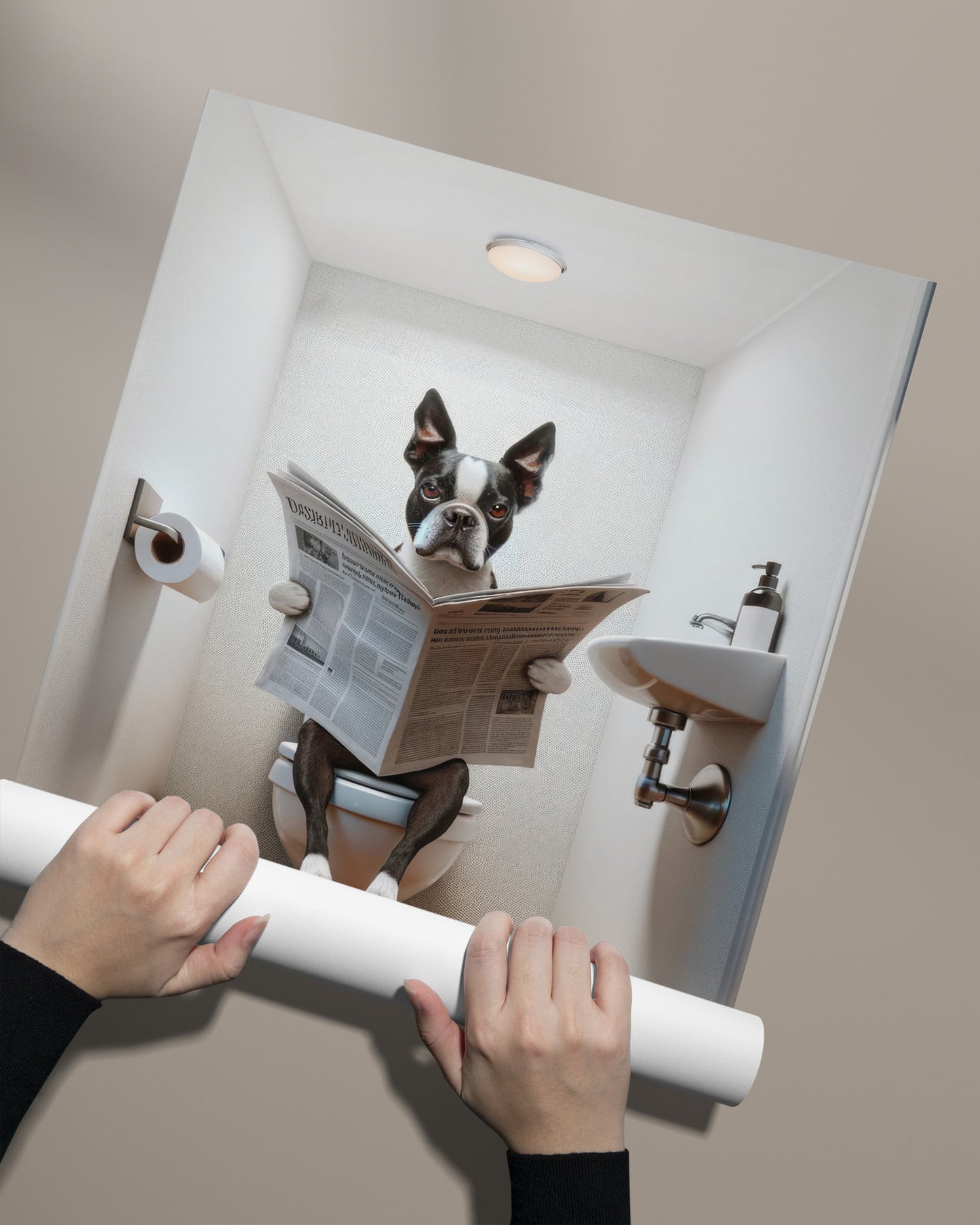 Poster Humoristique Boston Terrier, Déco WC, Cadre Salle de Bain, Art Mural, Cadeau Original Toilettes