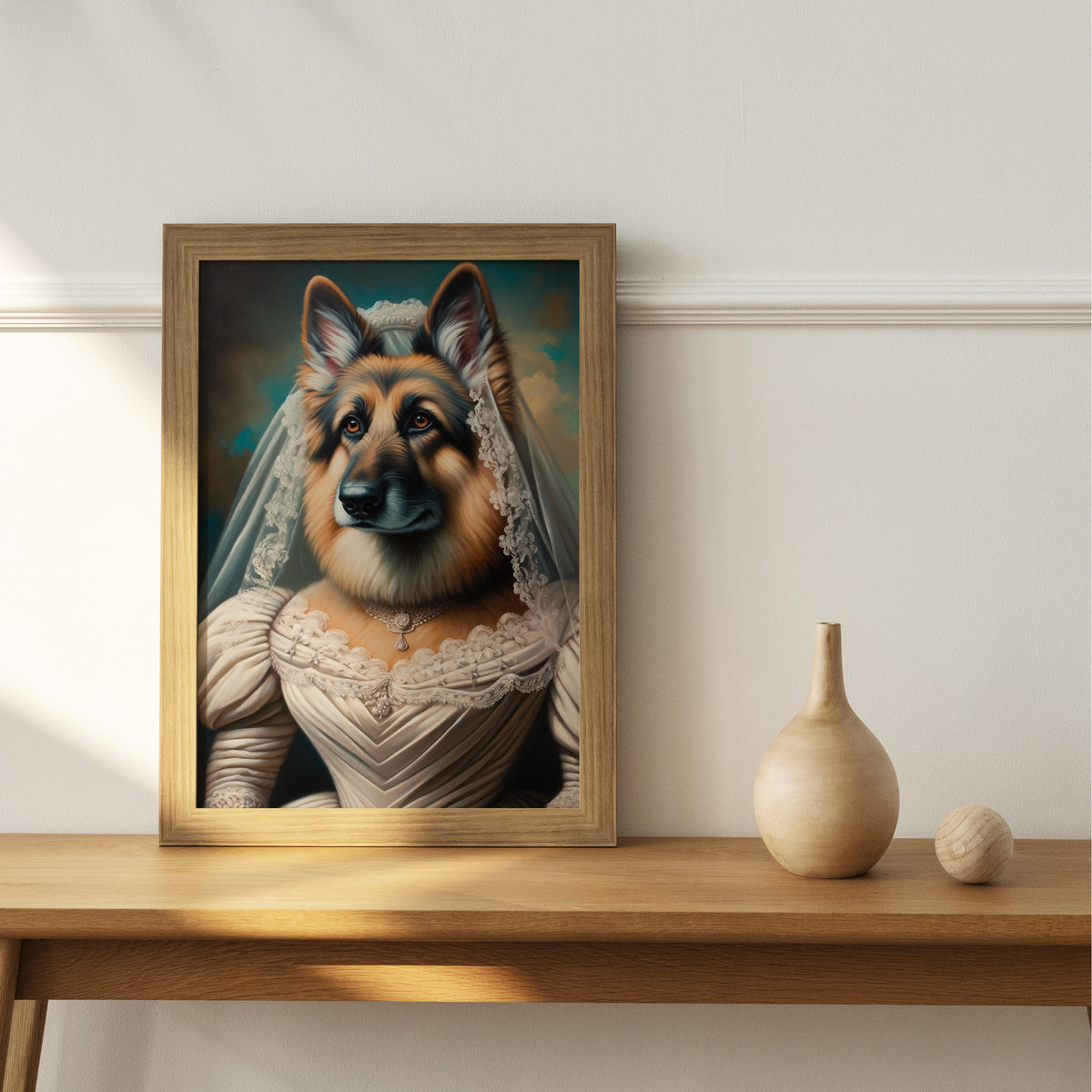 Poster berger allemand en robe de mariée, cadre bois clair sur une console en bois avec vase en céramique