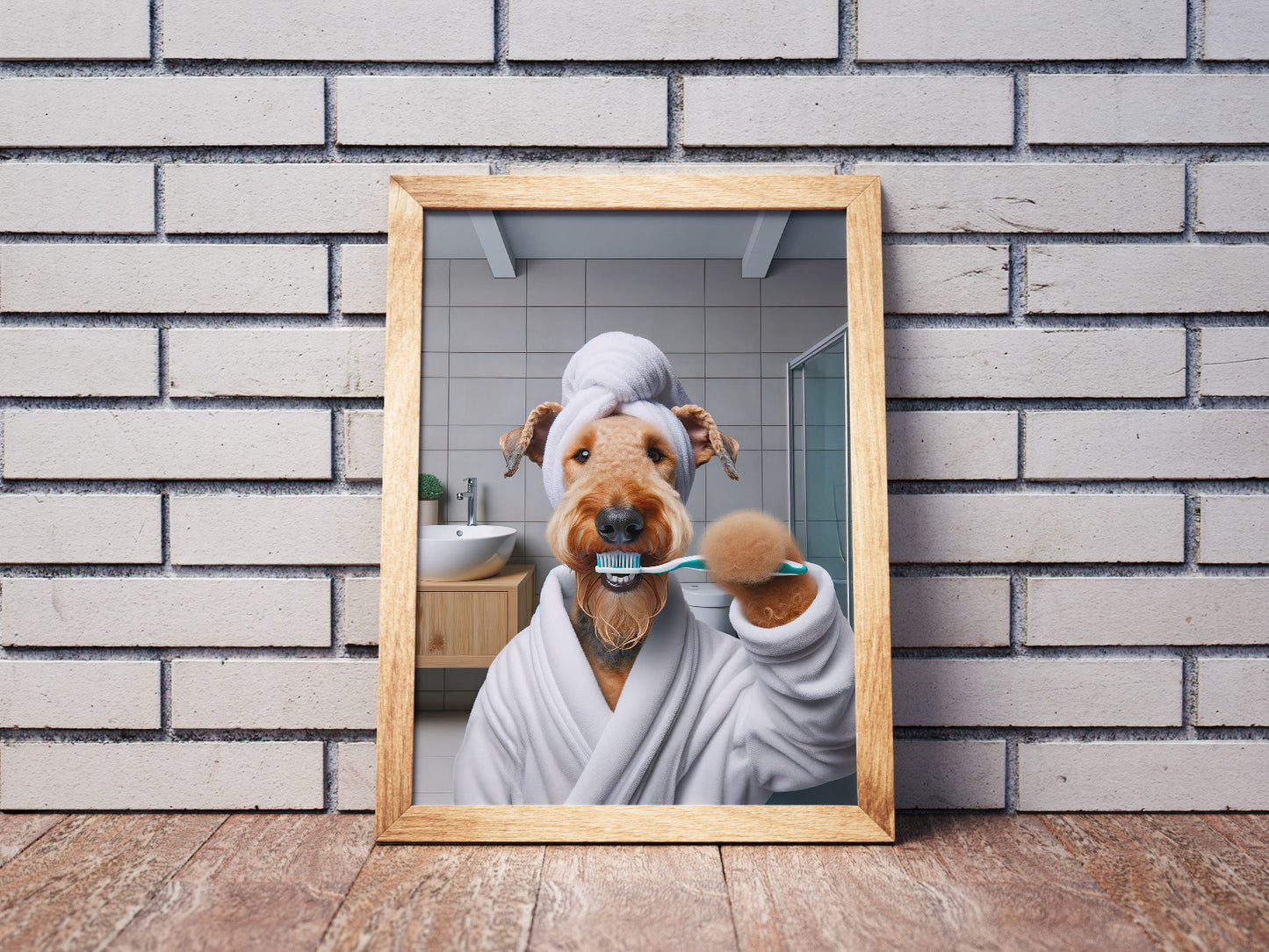 Airedale Dog Brushing Teeth Poster – Funny Bathroom Wall Art, Cute Pet Decor Print, Beagle Gift, Framed Artwork for Home