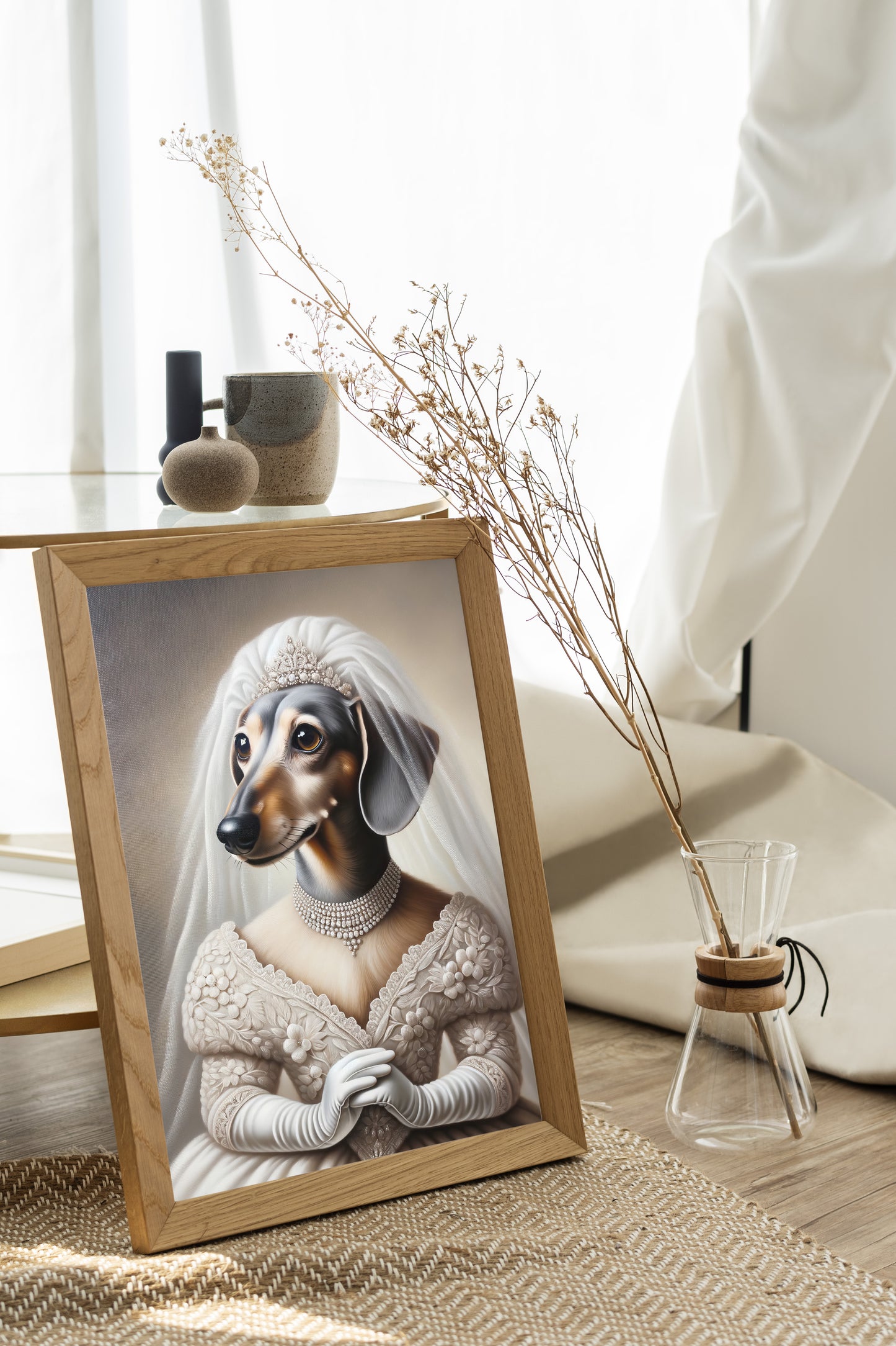 Poster teckel mariée, cadre bois clair posé au sol près d'une fenêtre, fleurs séchées