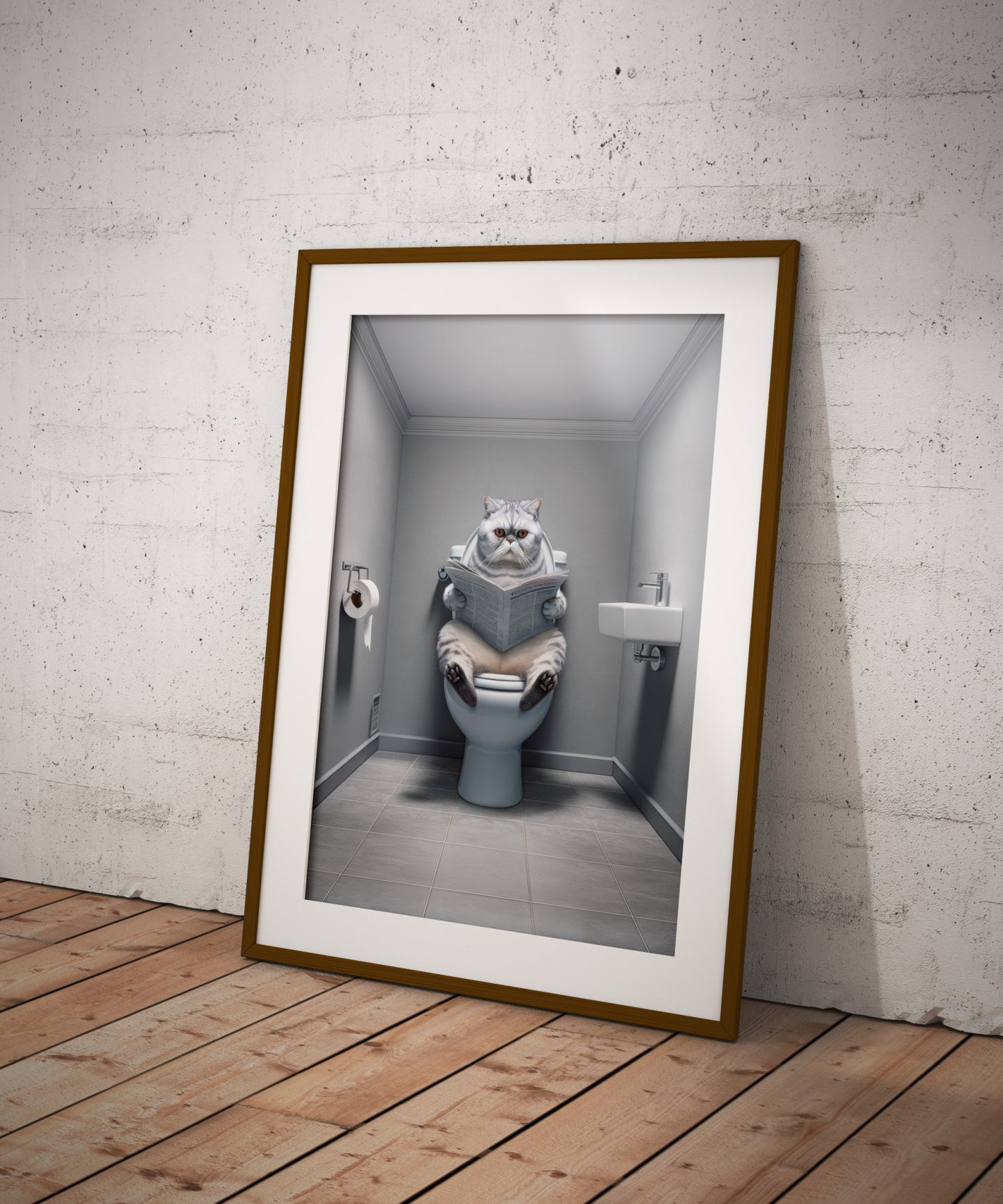 Affiche Murale Humour: Chat Gris Exotic Shorthair sur Toilettes - Déco WC Salle de Bain, Cadeau Original