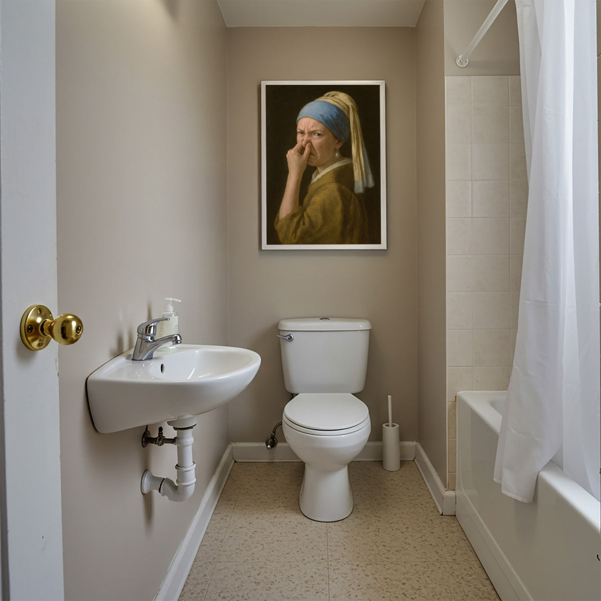 Salle de bain beige et rideau de douche, poster Jeune Fille à la perle qui se pince le nez en cadre blanc au-dessus des WC