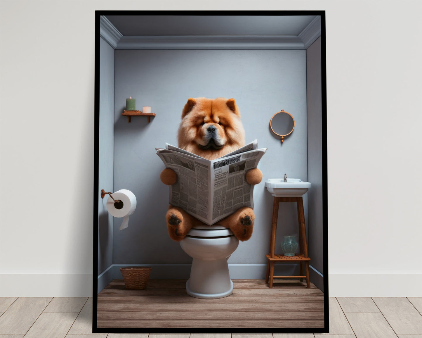 Chow Chow reading the newspaper on the toilet, pale blue walls, wooden stool and round mirror, black frame