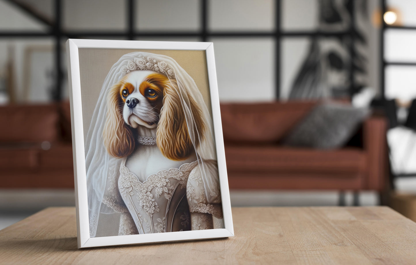 Poster Cavalier King Charles en mariée dans un cadre blanc sur une table en bois, salon avec canapé en cuir