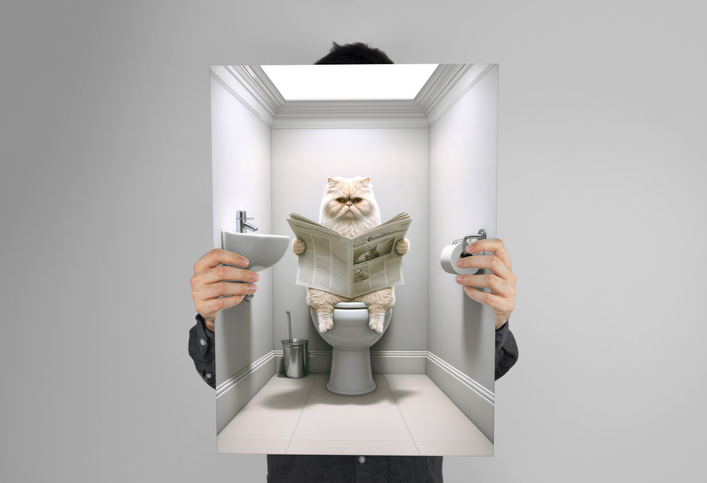 Affiche murale humour Chat Persan crème aux toilettes, Décoration WC et Salle de bain, Cadeau fun pour amoureux des chats