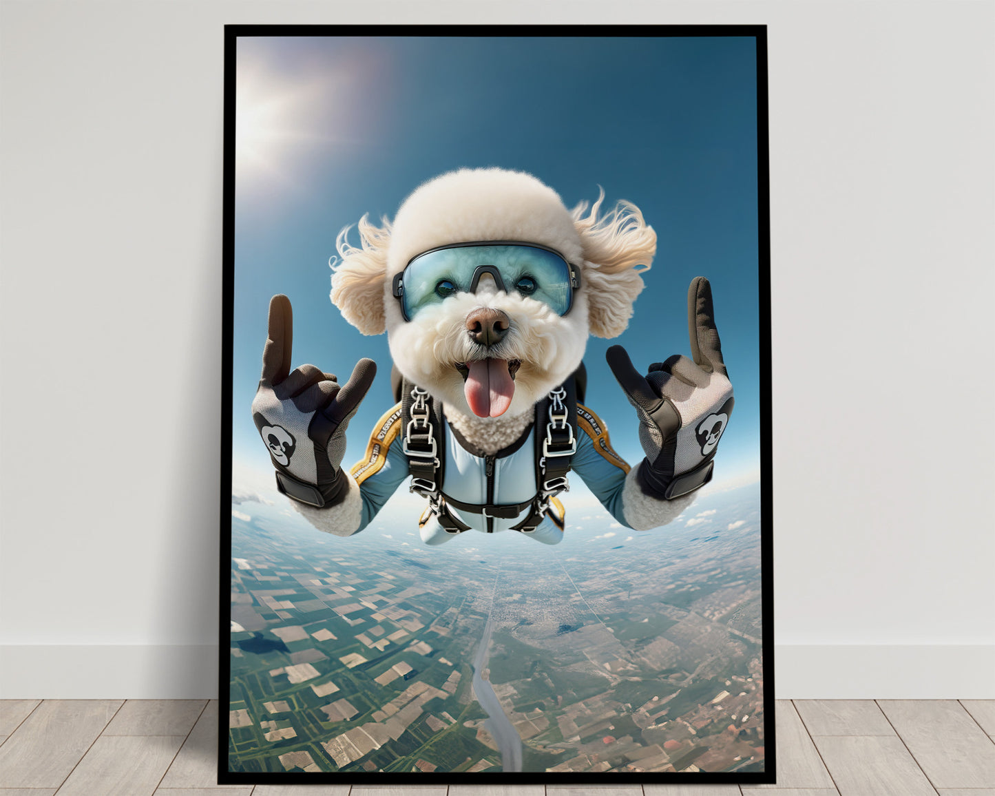 Epic Skydiving Bichon Frise Poster - Unique Animal Wall Art for Dog Lovers & Extreme Sports Decor