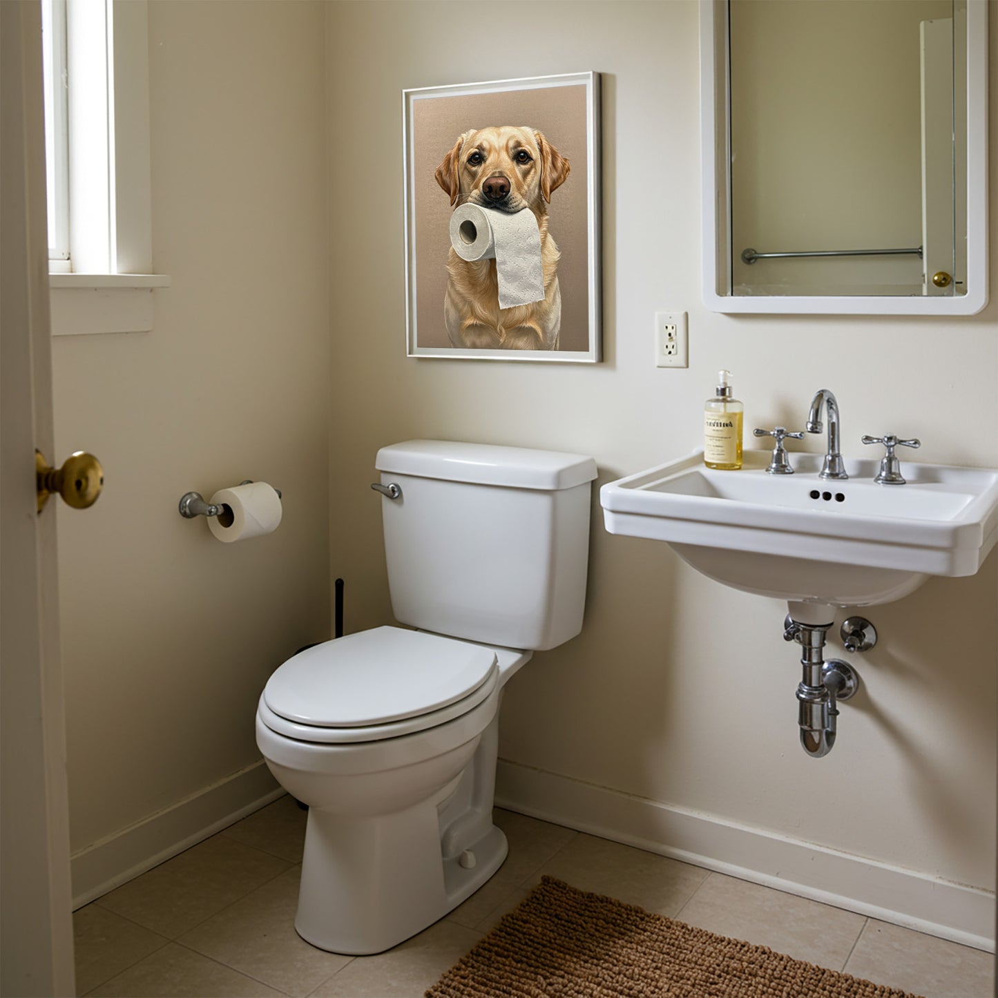 Poster Chien Labrador Sable Humour pour WC – Affiche Murale Décorative, Idée Cadeau Toilette, Encadrée ou Non, Art Mural Canin
