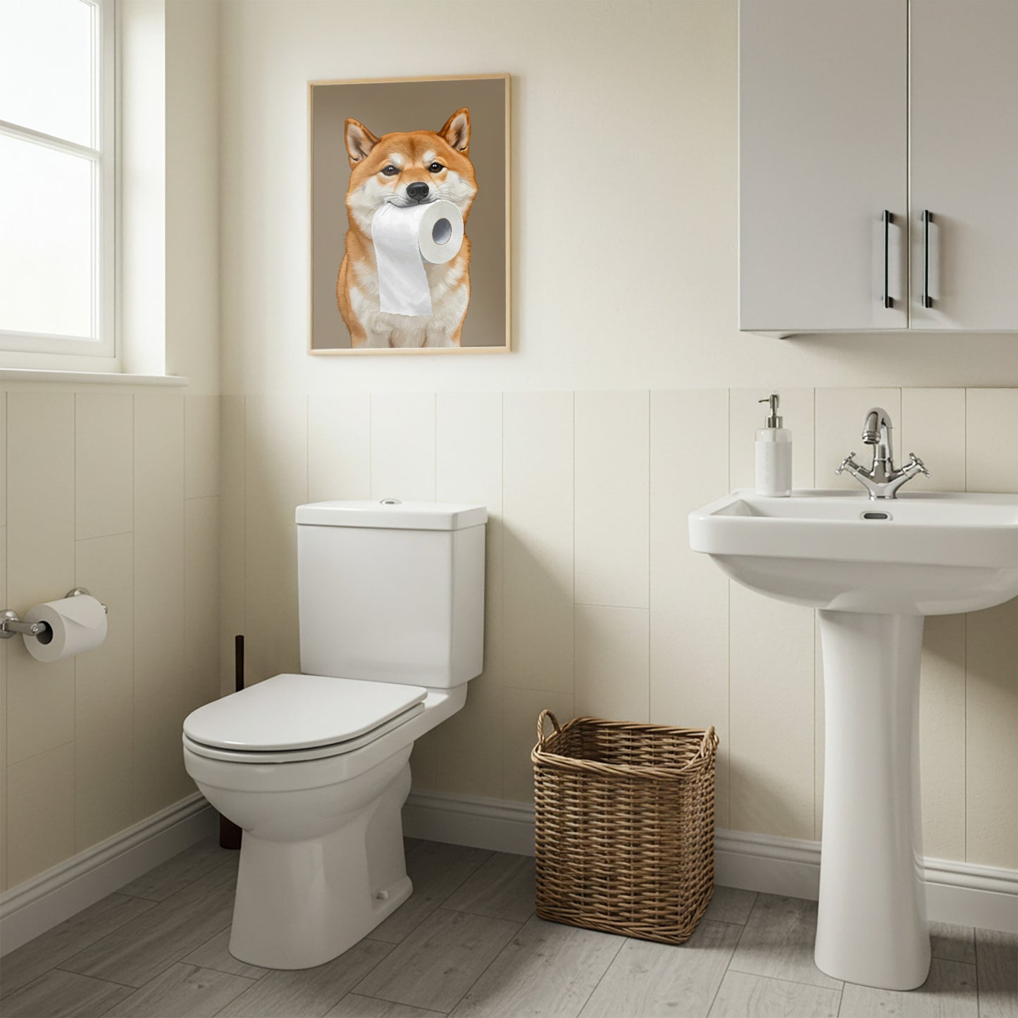Poster Shiba Inu drôle pour WC – Affiche murale chien avec rouleau de papier toilette, déco toilette humour, idée cadeau encadrée