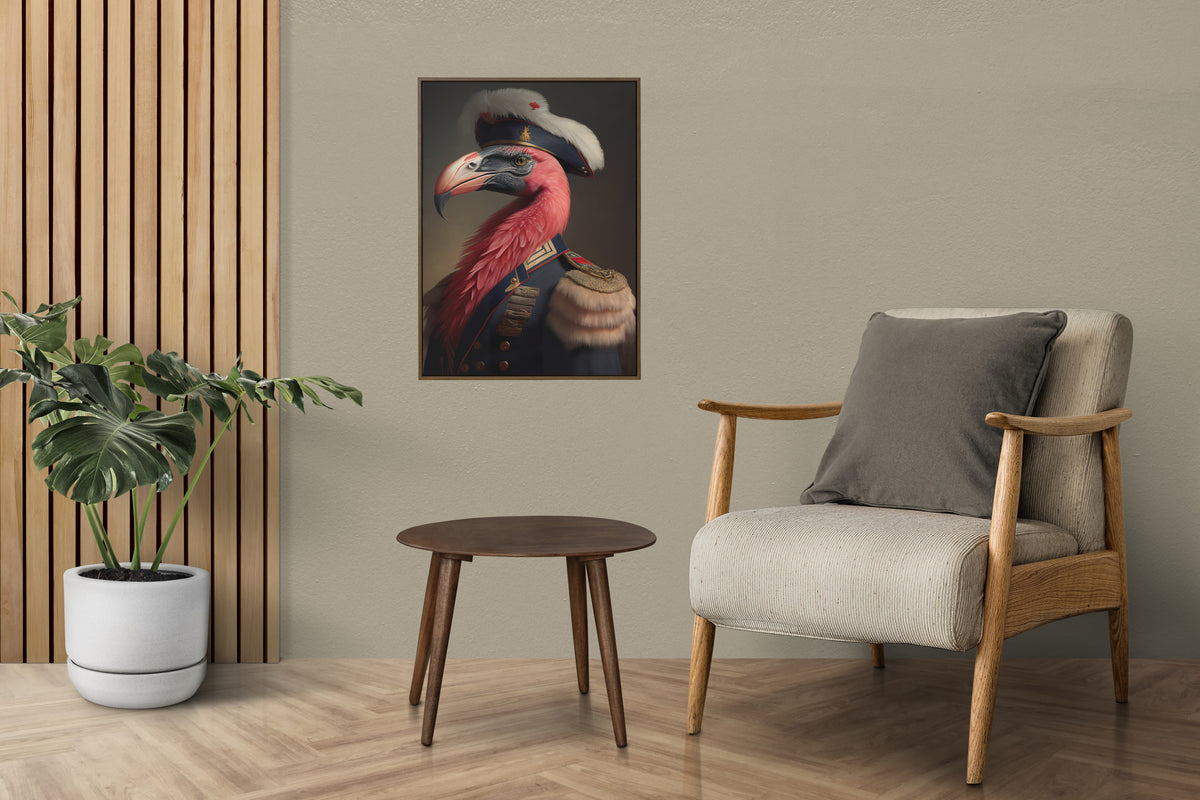 Poster flamant rose en uniforme militaire sur un mur taupe, au-dessus d'un fauteuil beige