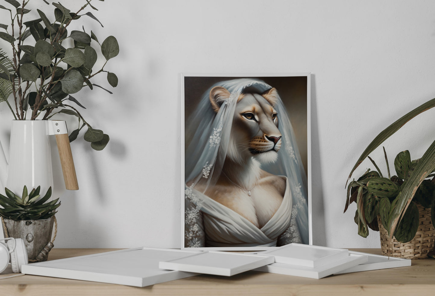 Poster lionne mariée appuyé au mur sur une console, entre eucalyptus et plante en pot