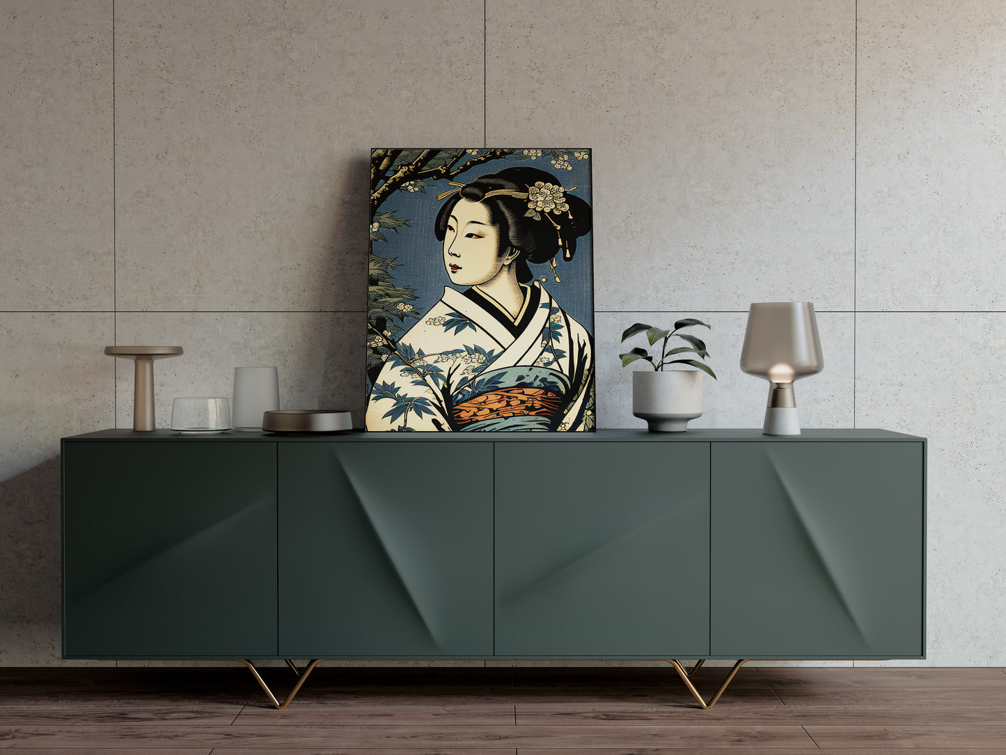 Poster geisha au kimono crème posé sur un buffet vert foncé avec lampe et vases
