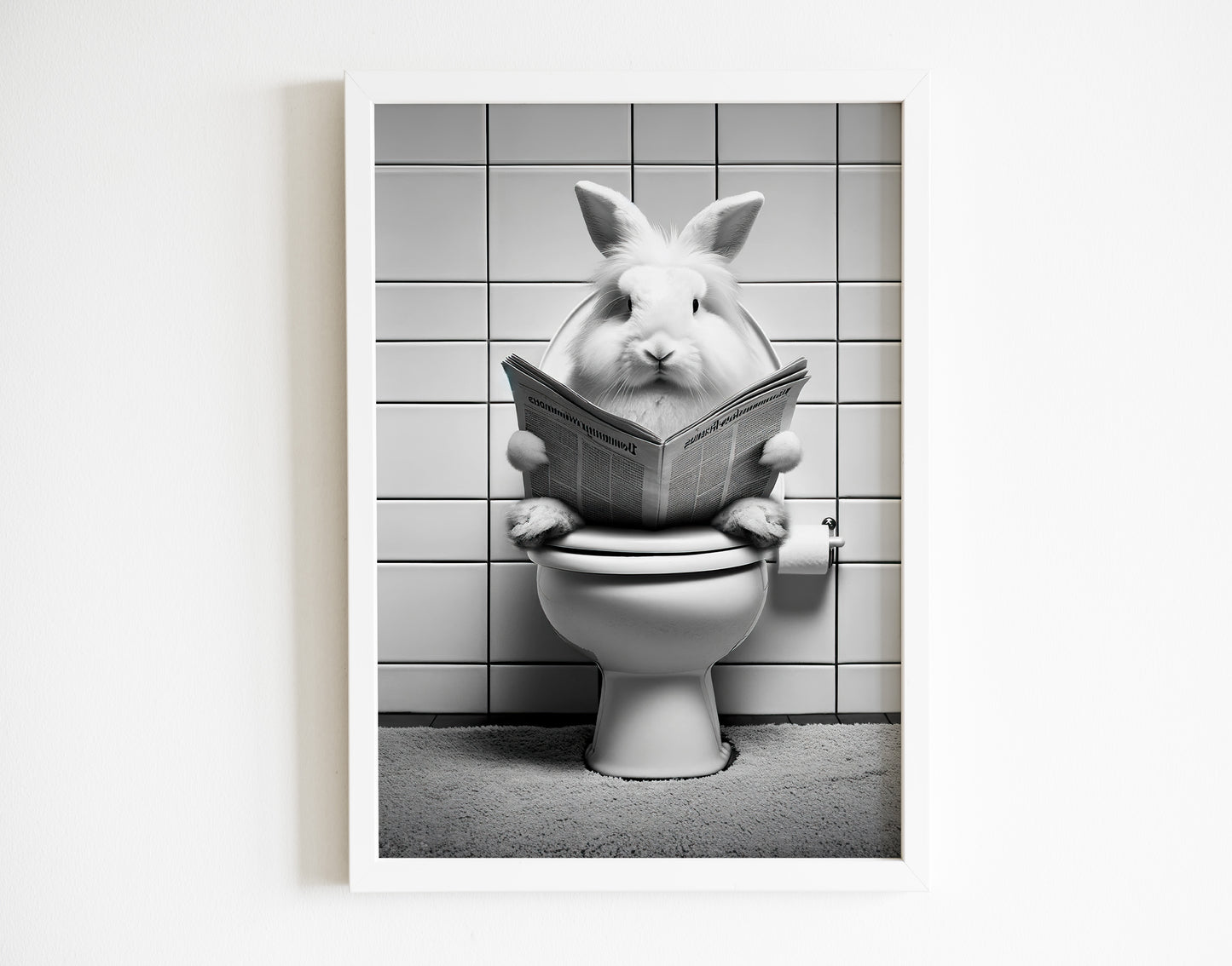 Poster Humoristique Lapin lisant le Journal, Décoration WC Amusante, Cadre Déco Salle de Bain, Cadeau Rigolo