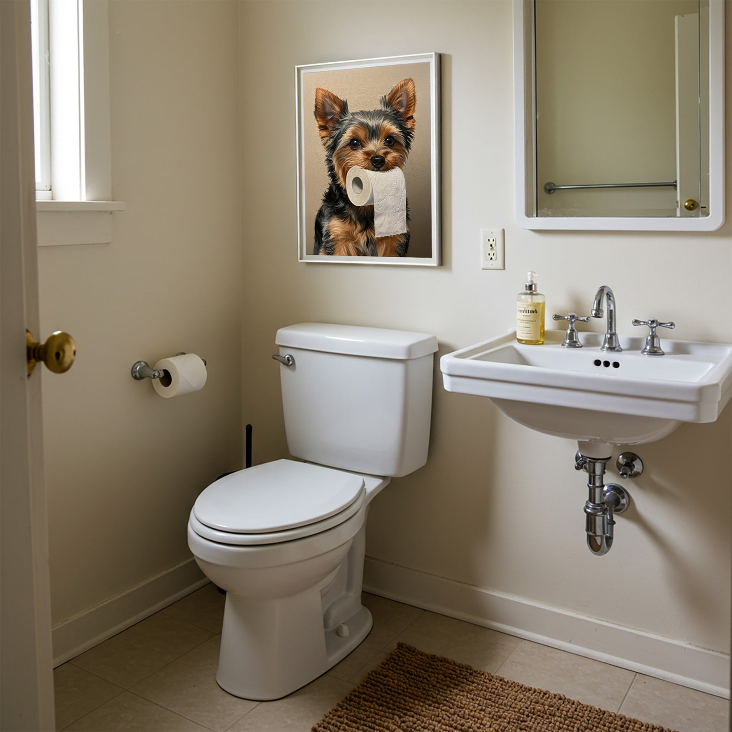Toilettes beiges avec le poster yorkshire au papier toilette en cadre blanc accroché à côté du miroir