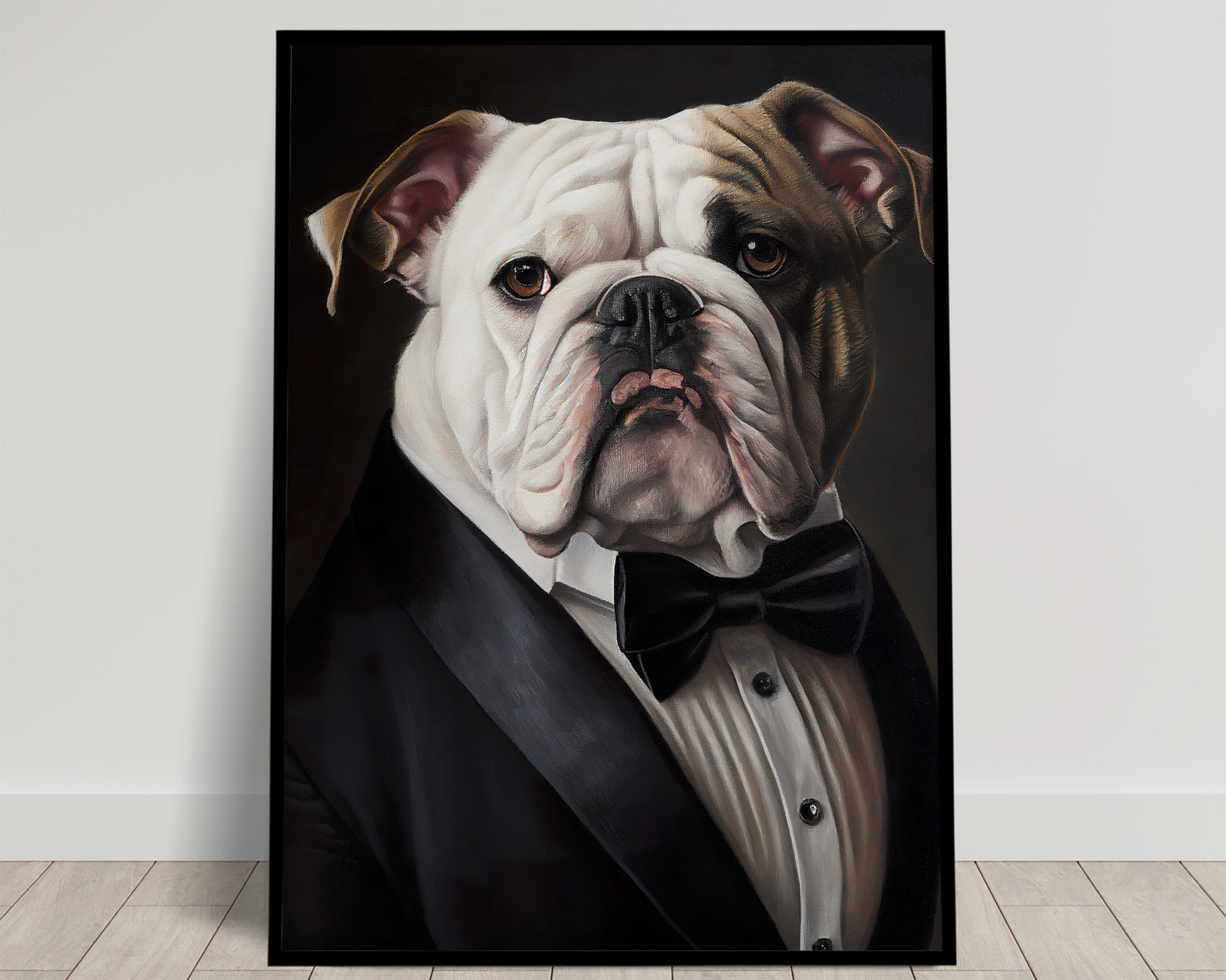 Portrait of a white English bulldog in a black tuxedo and bow tie on a dark background, Balthazart Studio poster