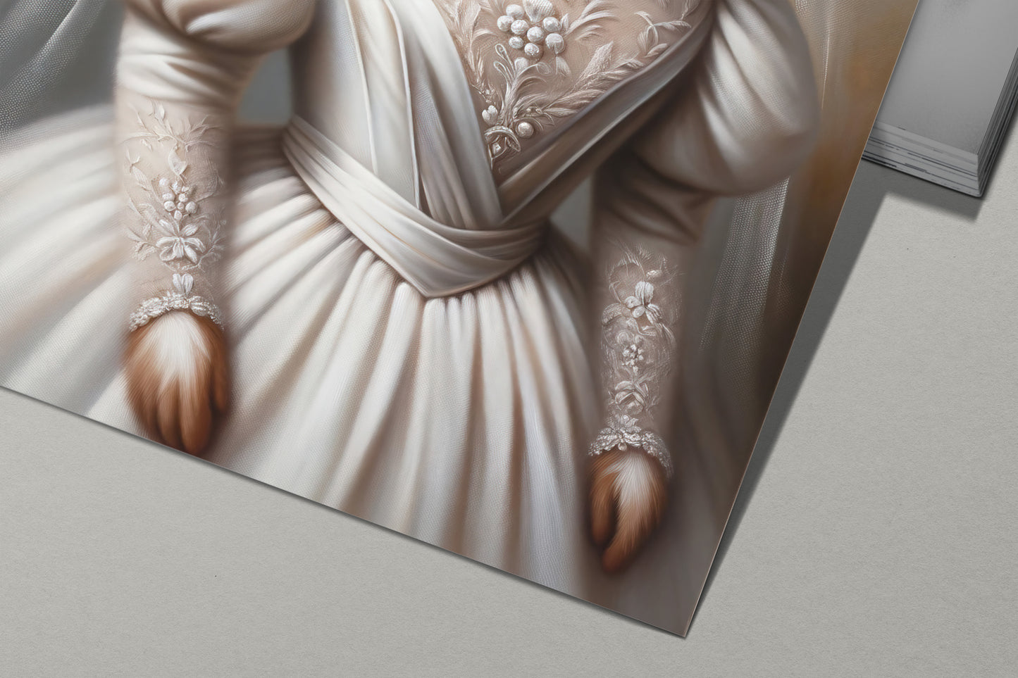 Détail du poster Cavalier King Charles en robe de mariée : jupe plissée, manches brodées et pattes rousses