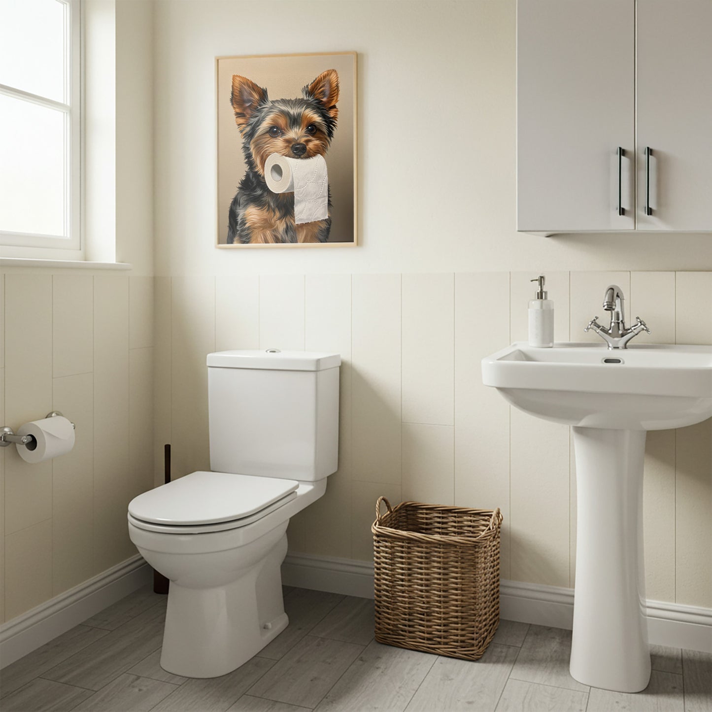 Toilettes à lambris blanc, poster yorkshire au papier toilette en cadre bois clair au-dessus de la cuvette