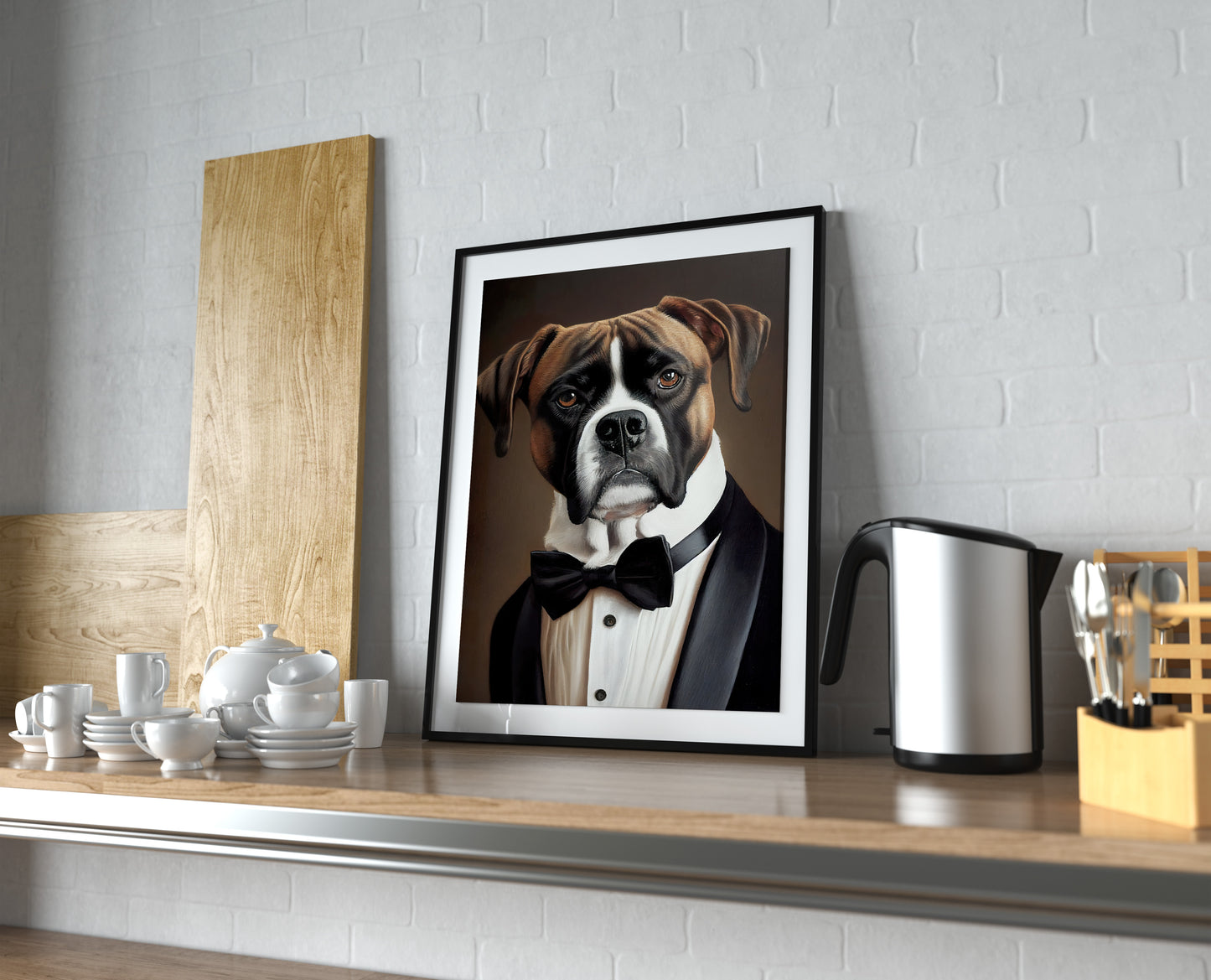 Boxer in tuxedo poster in a black frame with mat on a kitchen countertop