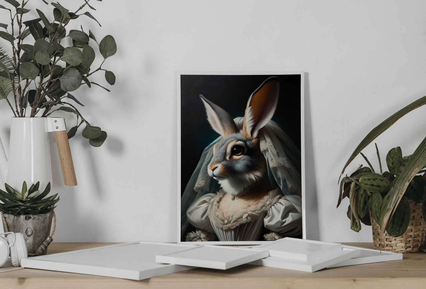 Poster lapine en robe de mariée appuyé au mur sur une console, entre eucalyptus et plante en pot