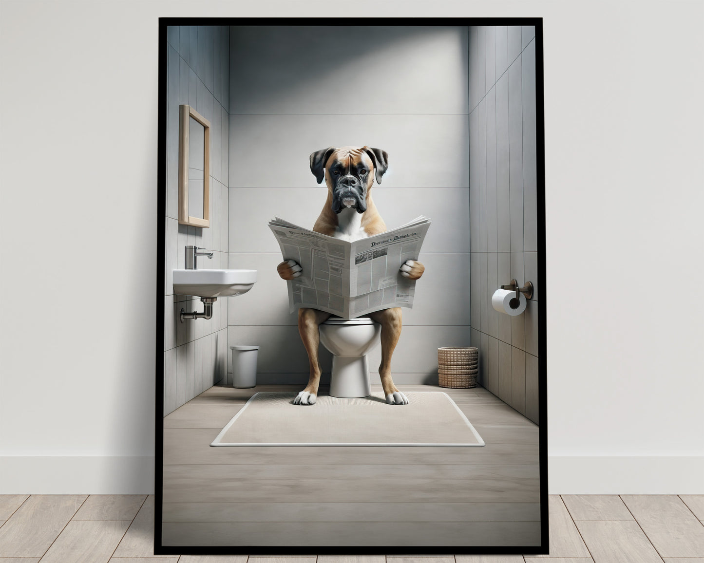 Boxer fauve assis sur les toilettes lisant le journal, WC carrelé gris clair, rendu réaliste