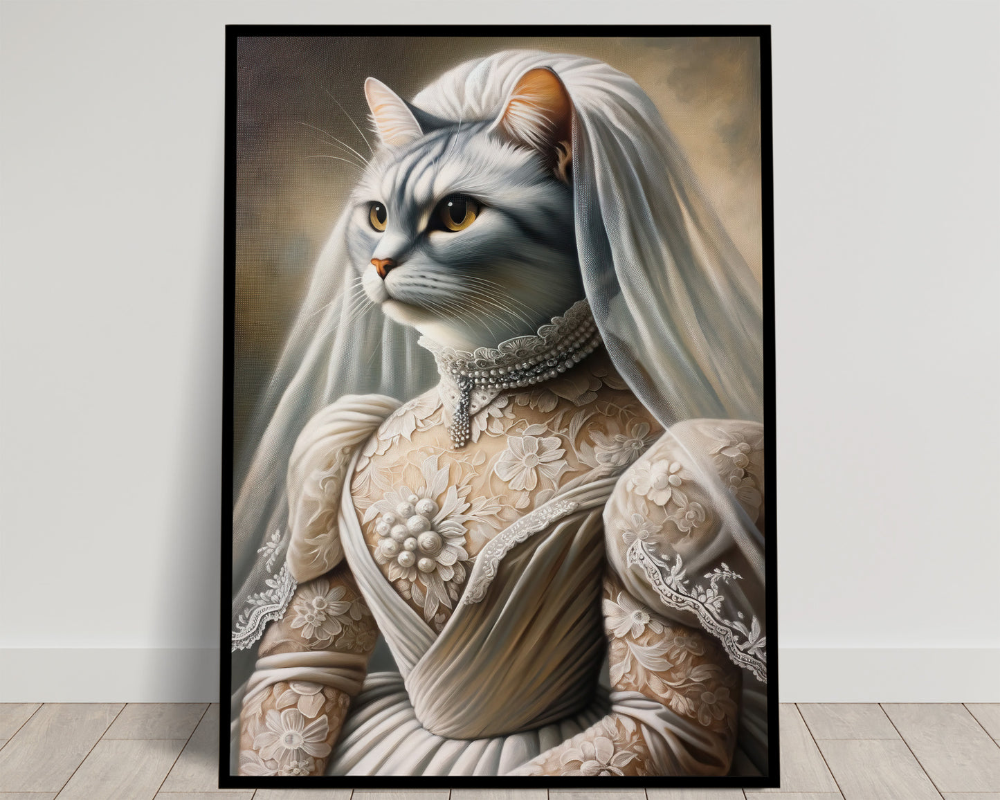 Portrait of a gray cat in a beige lace wedding dress with pearl collar and veil, golden background, black framed poster