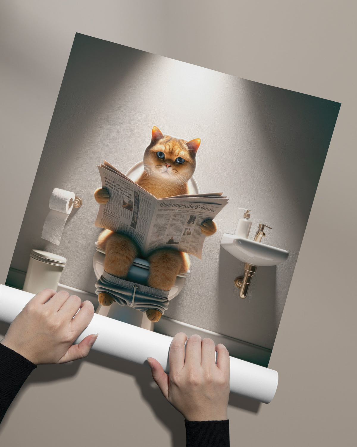 Golden shaded British Shorthair cat reading the newspaper poster being unrolled by hand