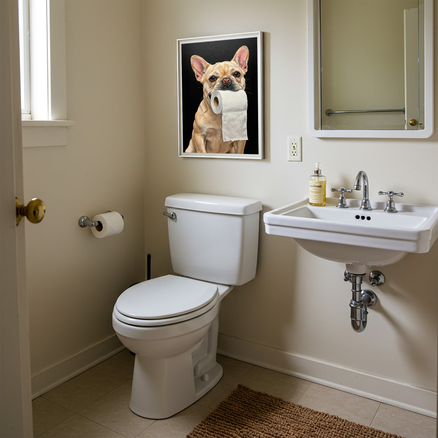 Poster Bouledogue Français Crème Humoristique pour Toilettes – Déco WC, Cadeau Bulldog, Affiche Murale Encadrée Modern