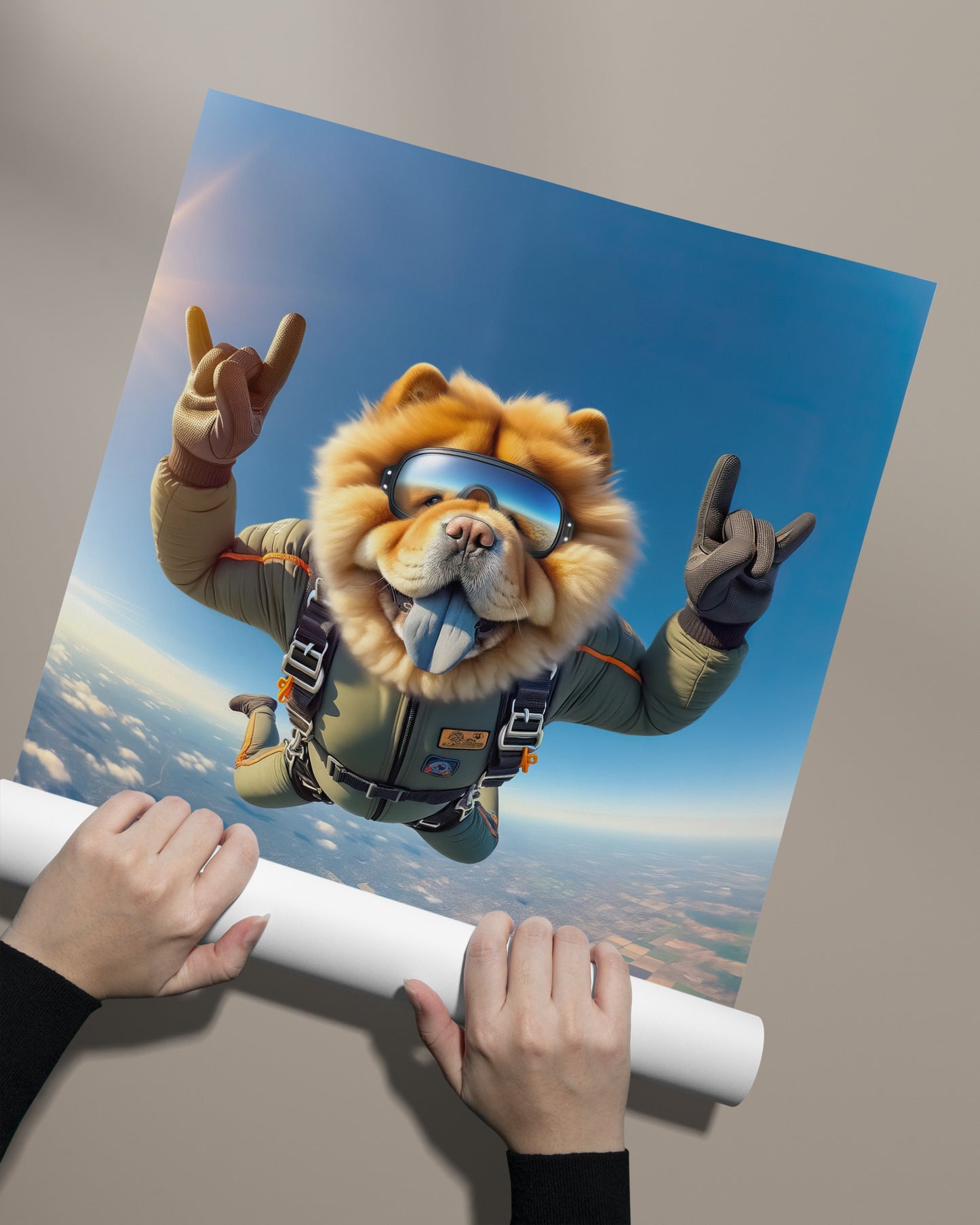 Epic Skydiving Chow Chow Poster - Unique Animal Wall Art Decor, Extreme Sport Dog Lover Gift