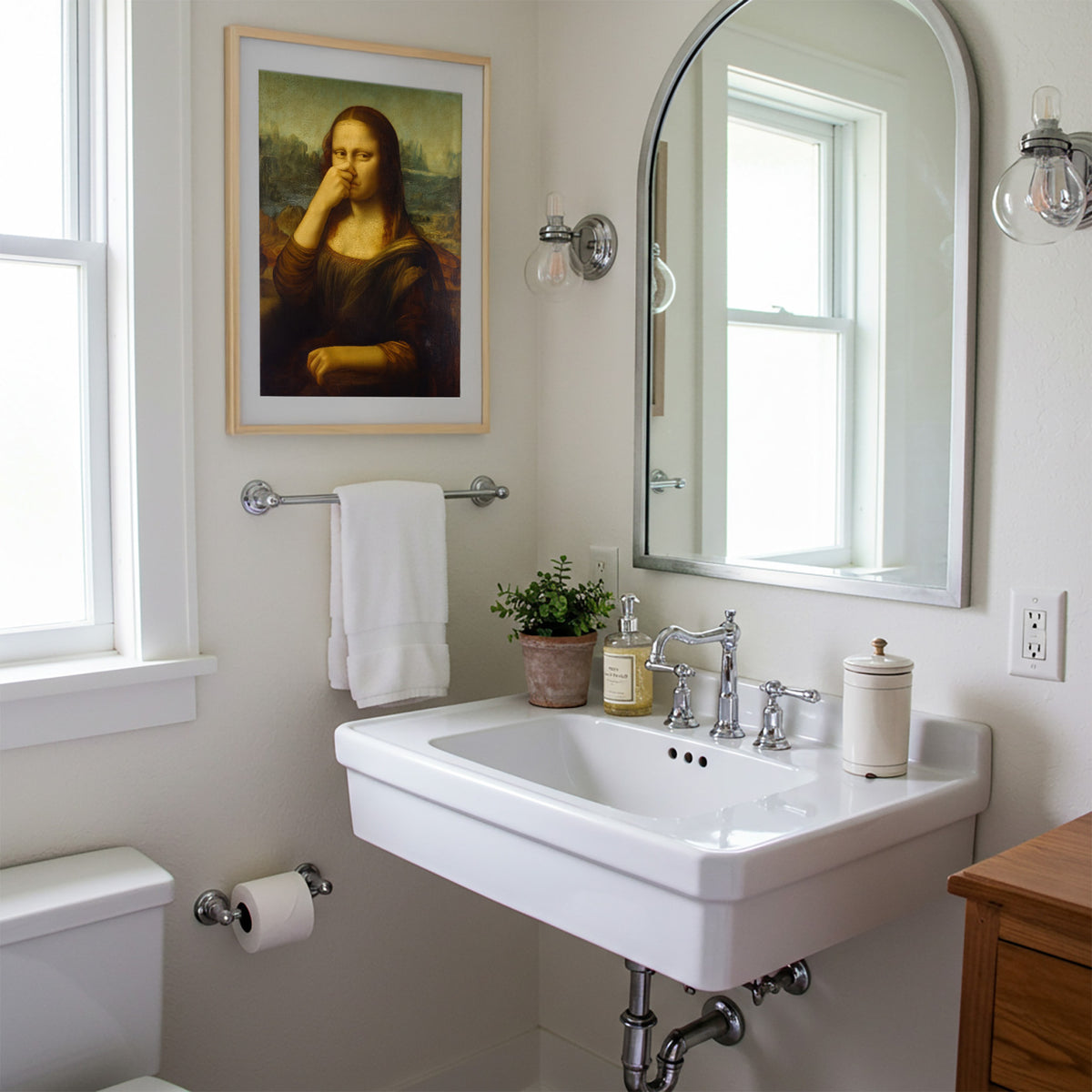 Poster Joconde qui se pince le nez en cadre bois clair près d'un miroir arrondi et d'un lavabo blanc