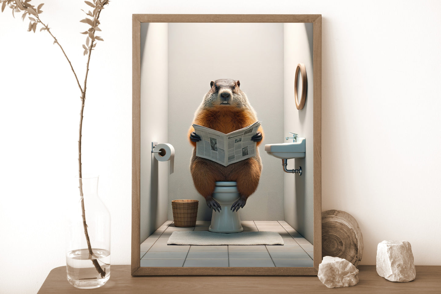 Poster Marmotte lisant le journal sur toilettes, Décoration Humour WC, Cadre salle de bain, Décor mural toilettes, Idée cadeau amusante
