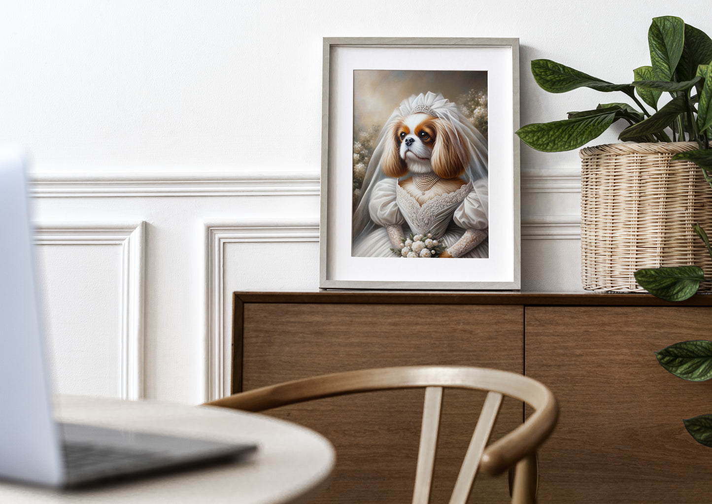 Poster chien Cavalier King Charles mariée, cadre bois clair et passe-partout sur un buffet en bois près d'une plante