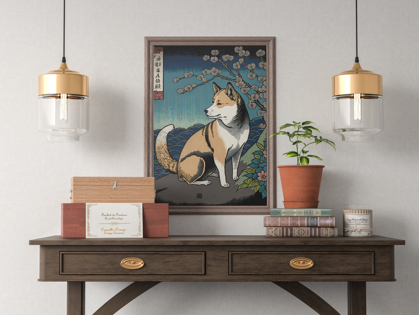 Affiche shiba inu, cadre bois foncé au-dessus d'une console en bois entre deux suspensions