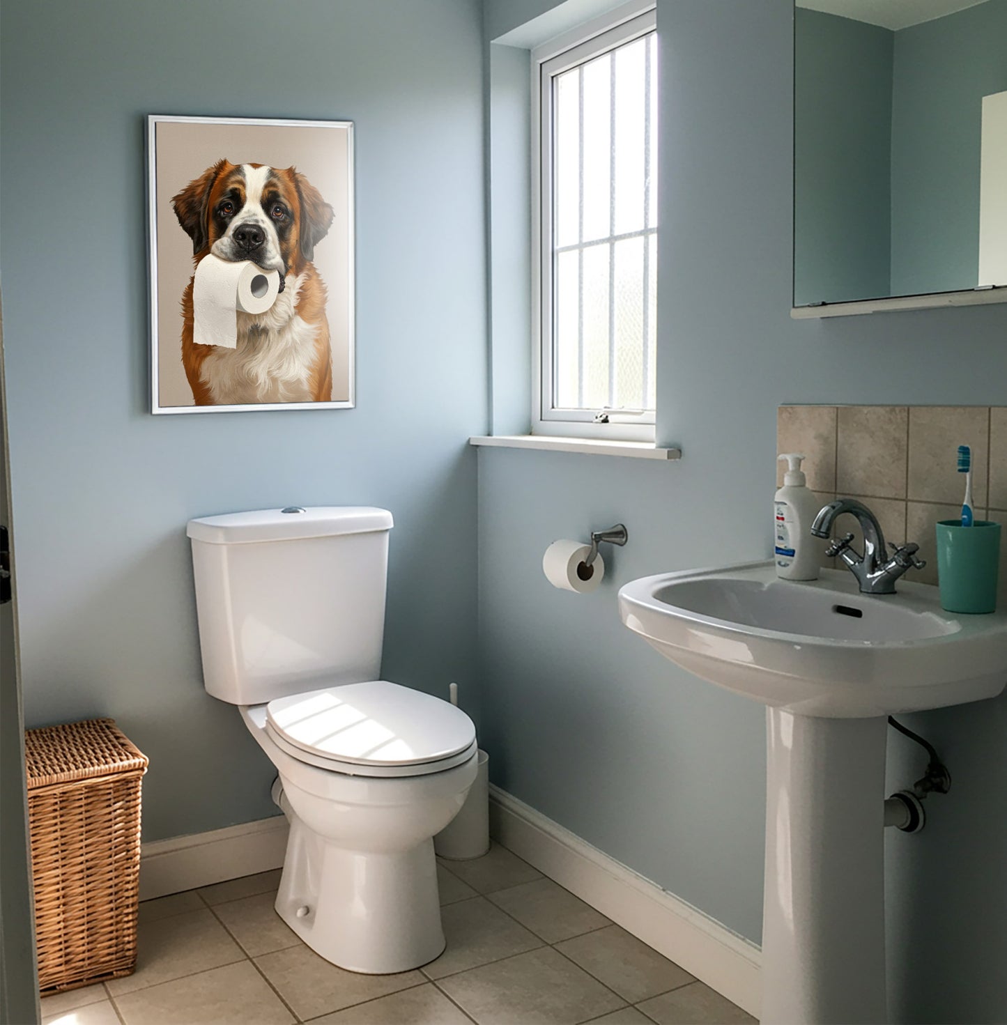 Poster chien Saint-Bernard drôle pour toilettes – Idée cadeau WC, décoration murale, affiche encadrée, art mural humoristique
